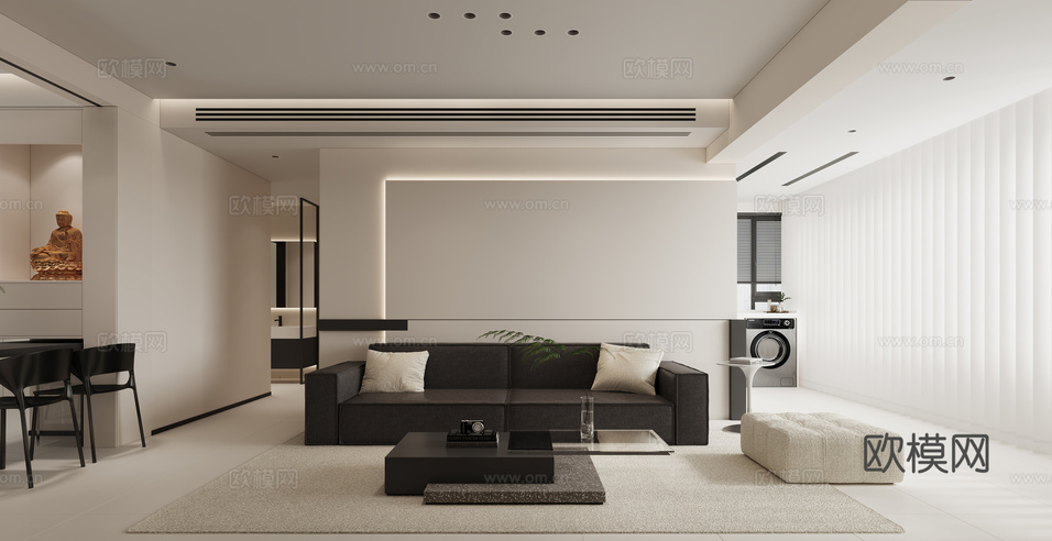 現(xiàn)代極簡黑白灰客餐廳無主燈 電視背景沙發(fā)背景3d模型下載(渲染圖2)