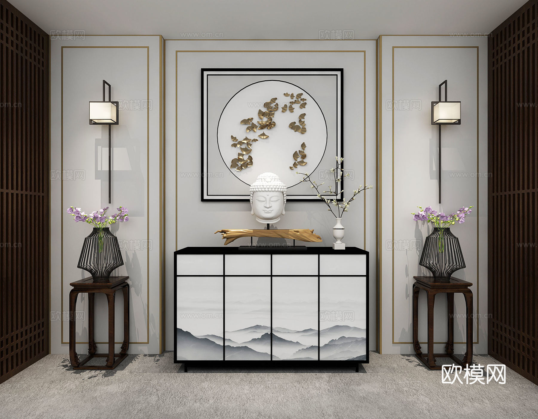 新中式景墙小品边柜组合3d模型