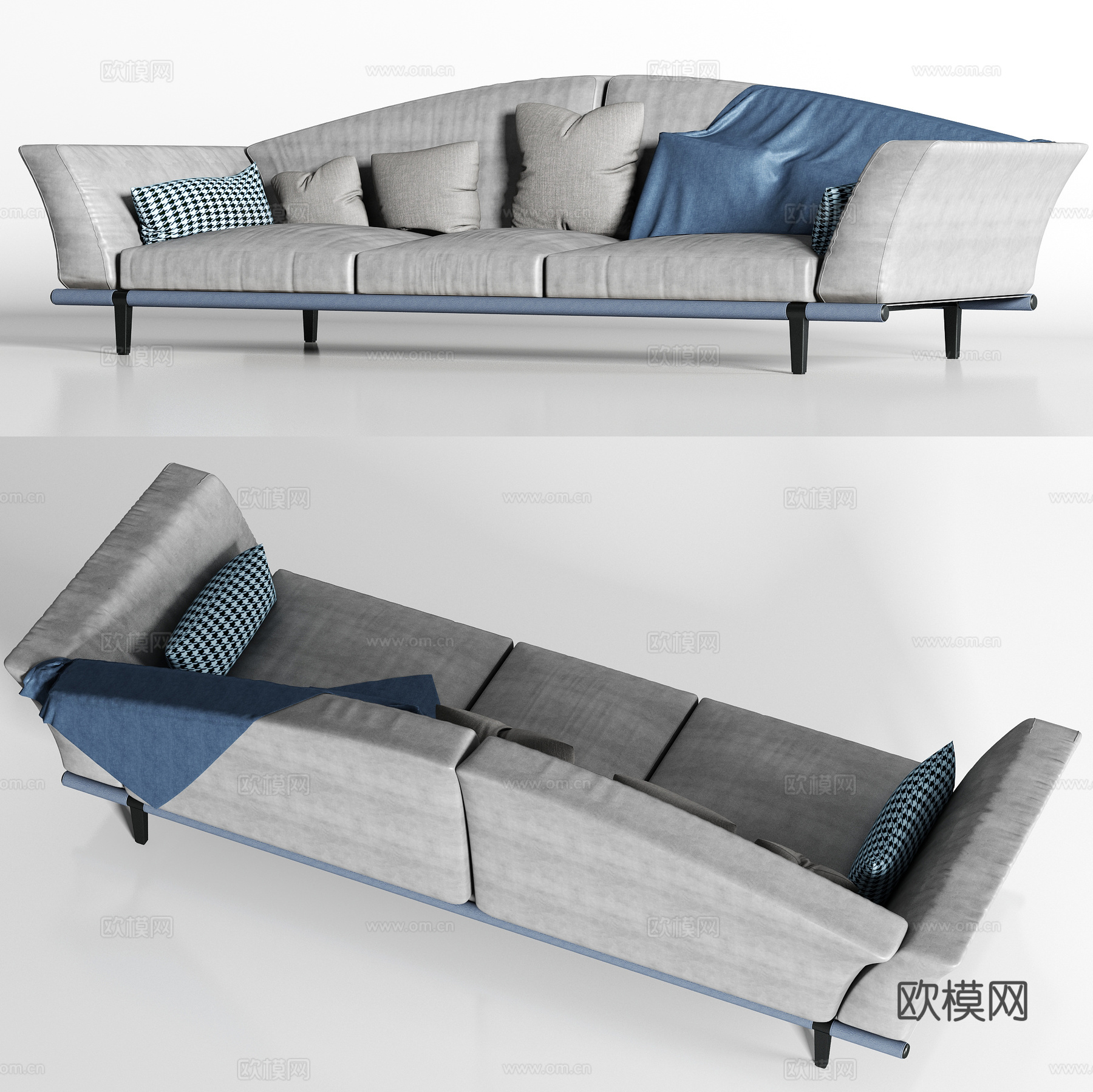 现代灰色皮革多人沙发枕头组合3d模型