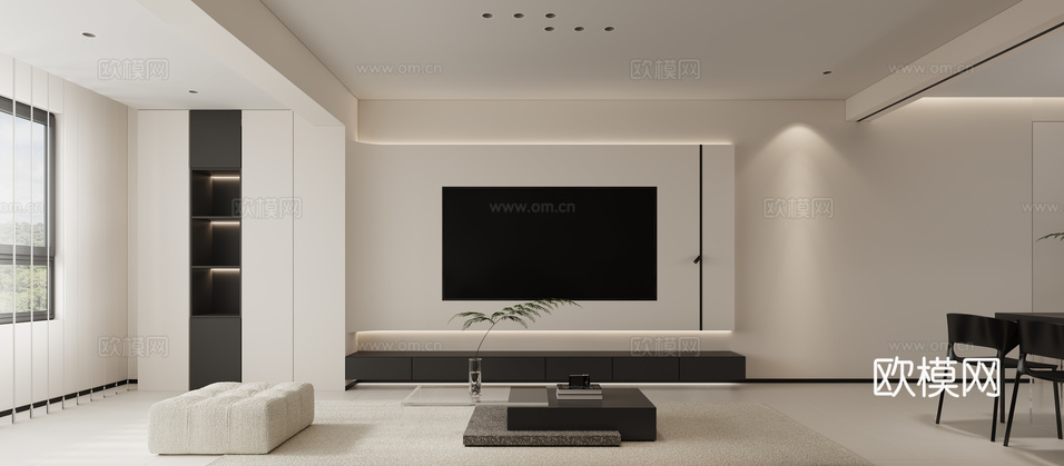現(xiàn)代極簡黑白灰客餐廳無主燈 電視背景沙發(fā)背景3d模型下載(渲染圖1)