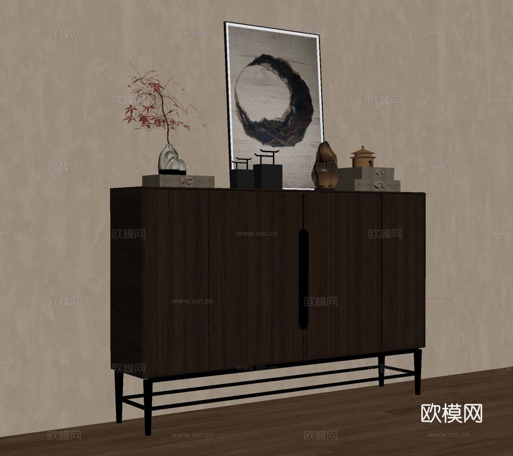 中式玄关柜 装饰柜 矮柜 木材 挂画摆件su模型