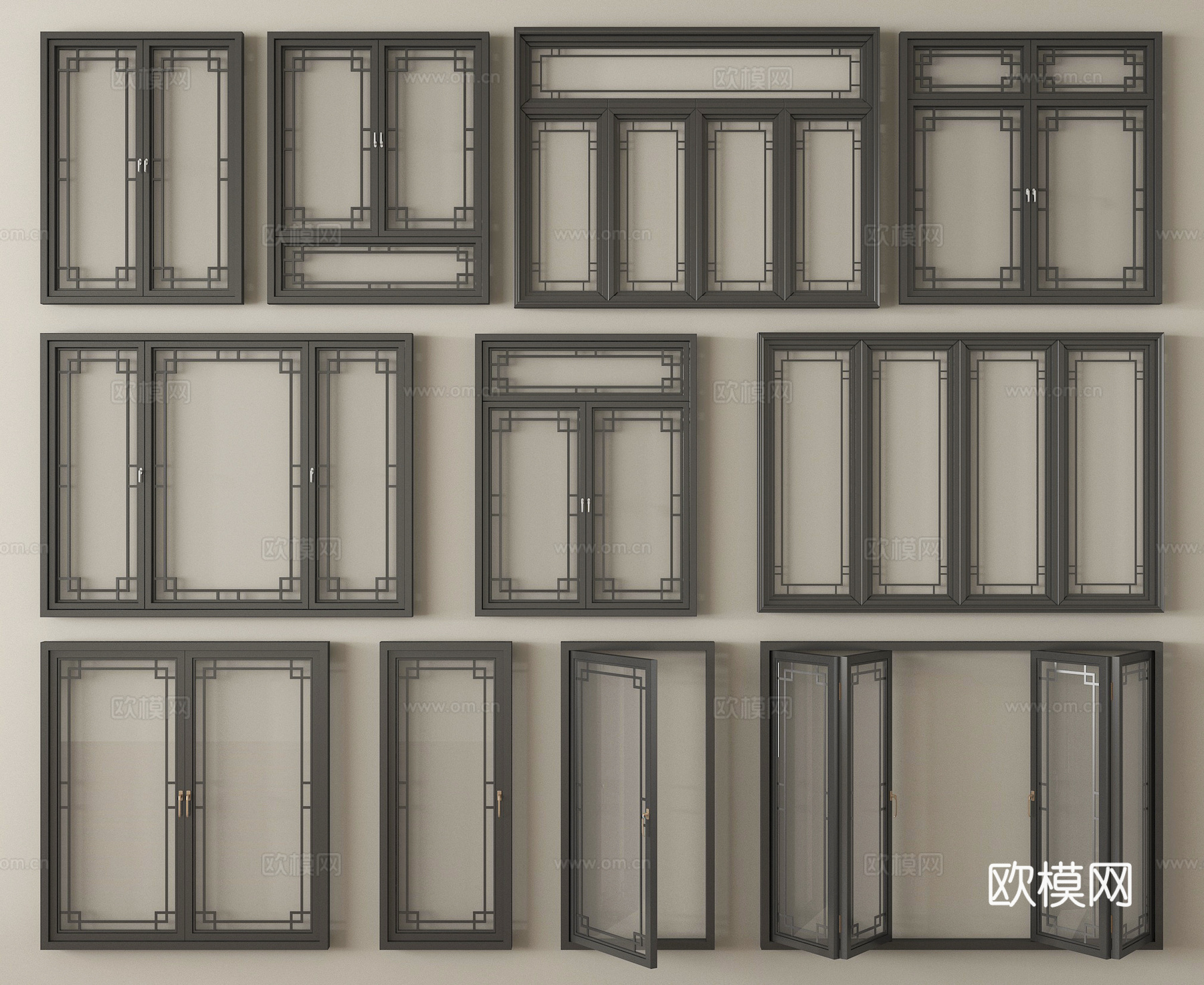 新中式窗户组合 断桥铝合金窗户 平开窗 折叠窗 落地窗3d模型