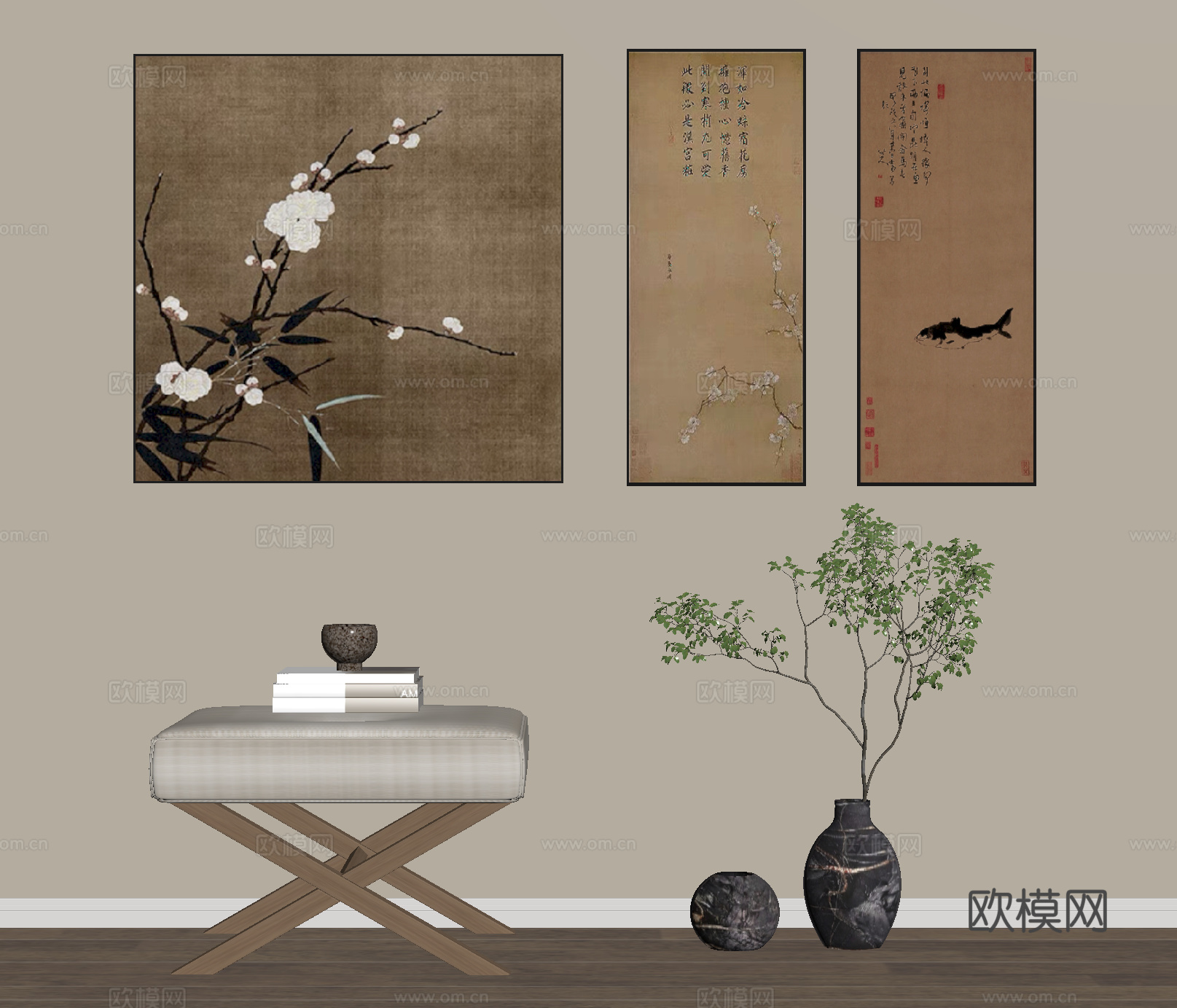 挂画 卷轴画 水墨画 陶艺花瓶 花瓶花艺su模型