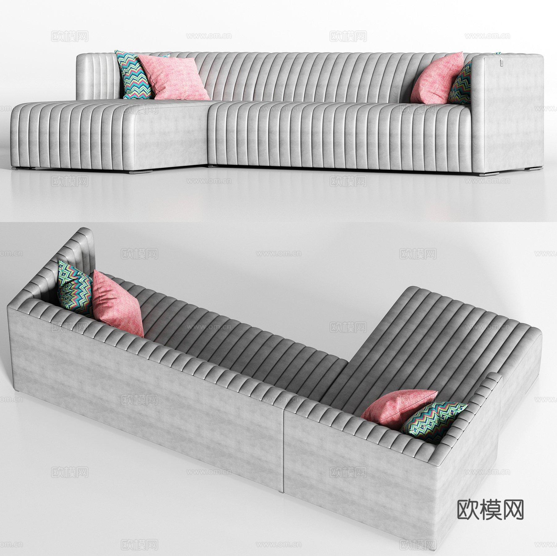 简欧灰色皮革转角多人沙发枕头组合3d模型
