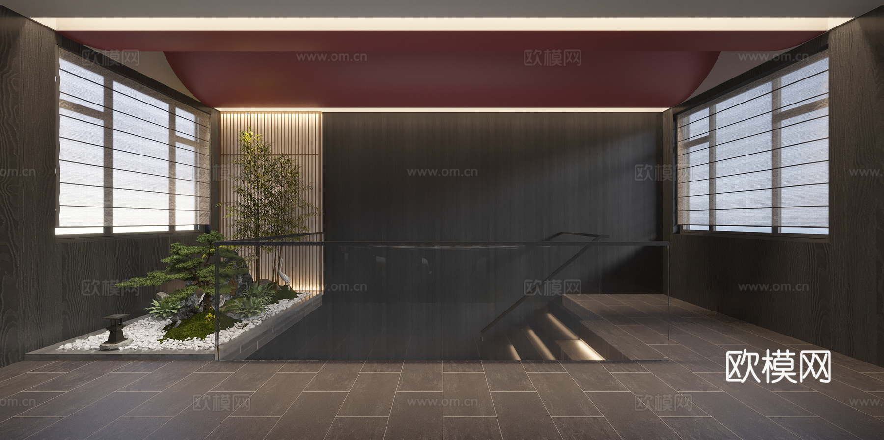 新中式 室内景观 造景 楼梯景观 吊顶3d模型