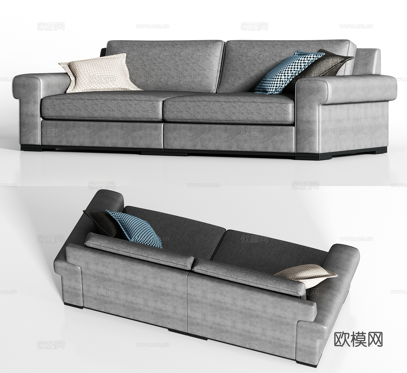 现代灰色皮革双人沙发枕头组合3d模型