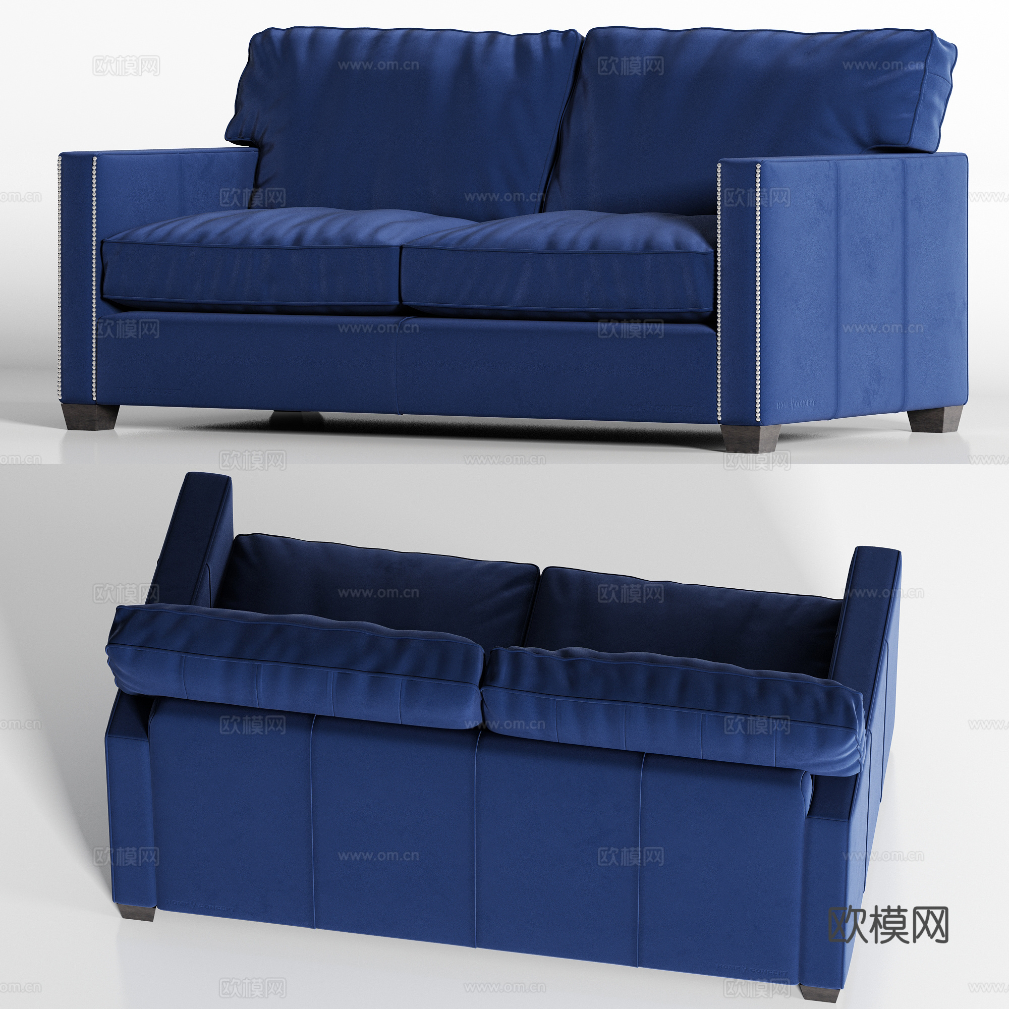 现代蓝色绒布双人沙发3d模型