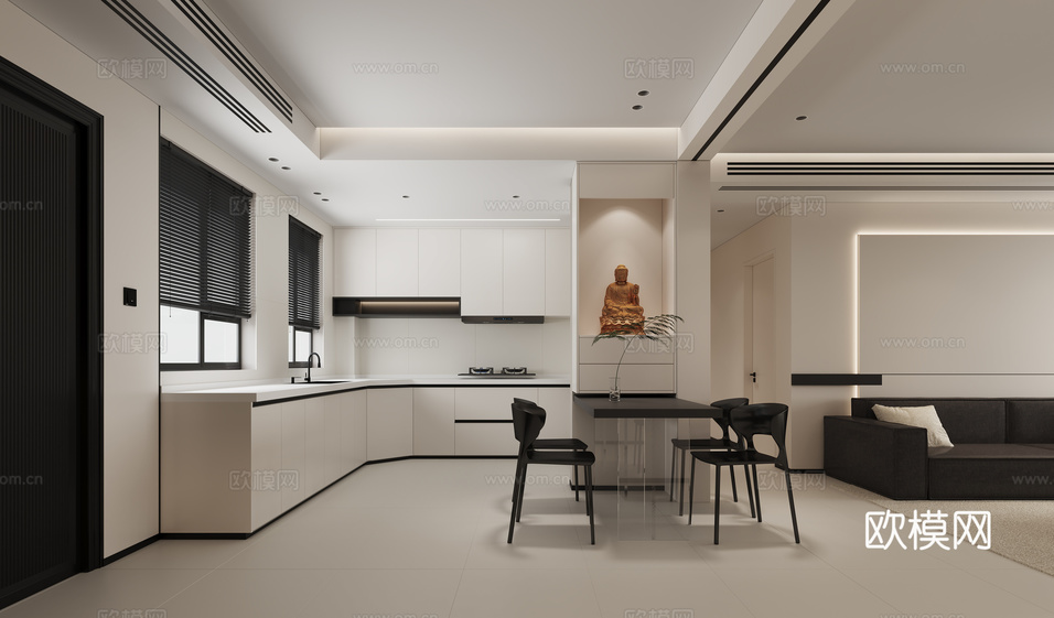 現(xiàn)代極簡黑白灰客餐廳無主燈 電視背景沙發(fā)背景3d模型下載(渲染圖3)
