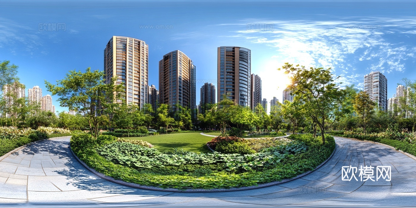 现代小区_街景绿化步道全景贴图