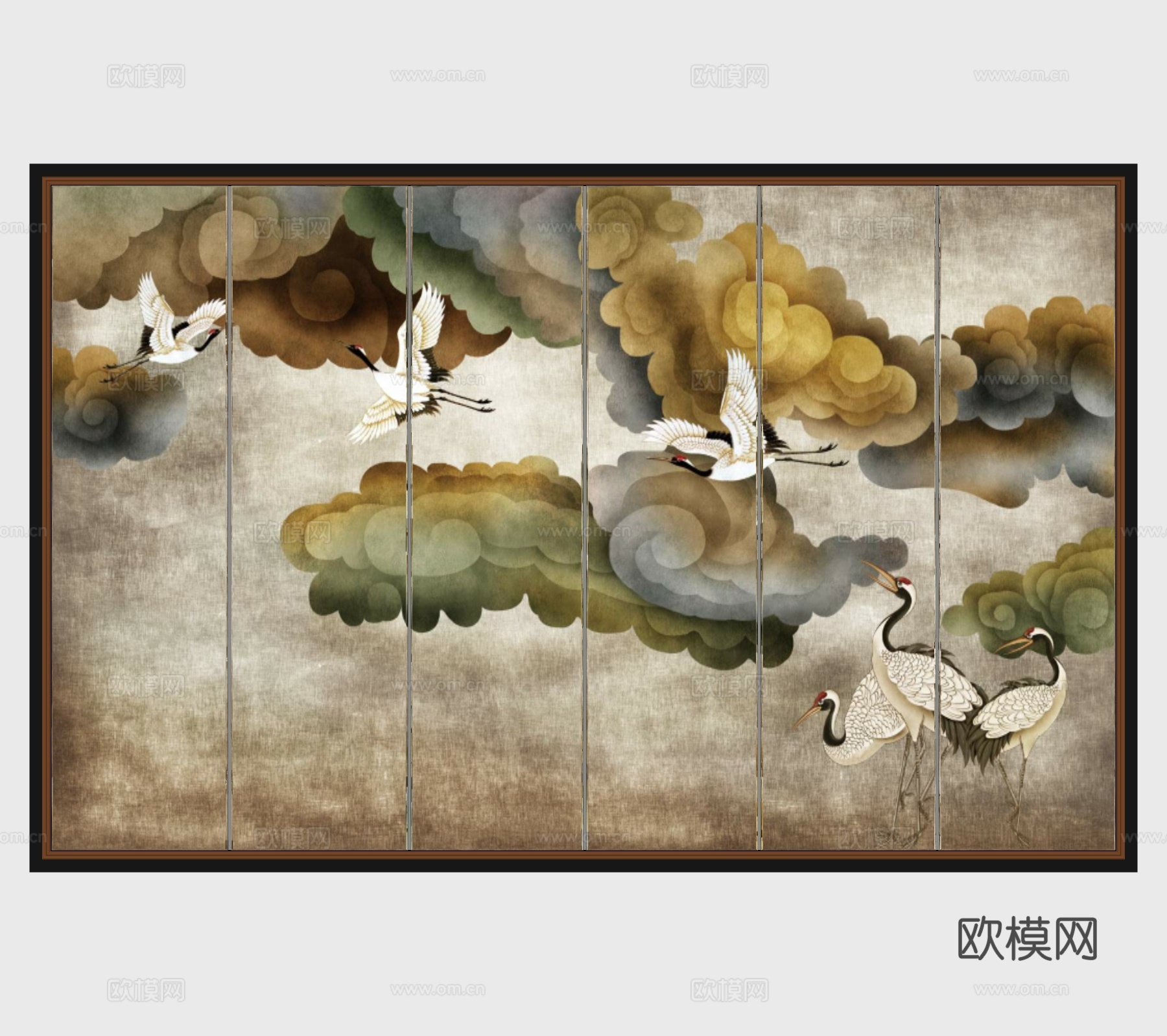 中式云鹤背景墙su模型下载