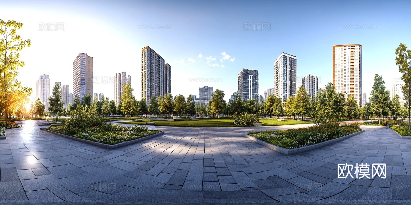 现代小区_街景绿化步道全景贴图