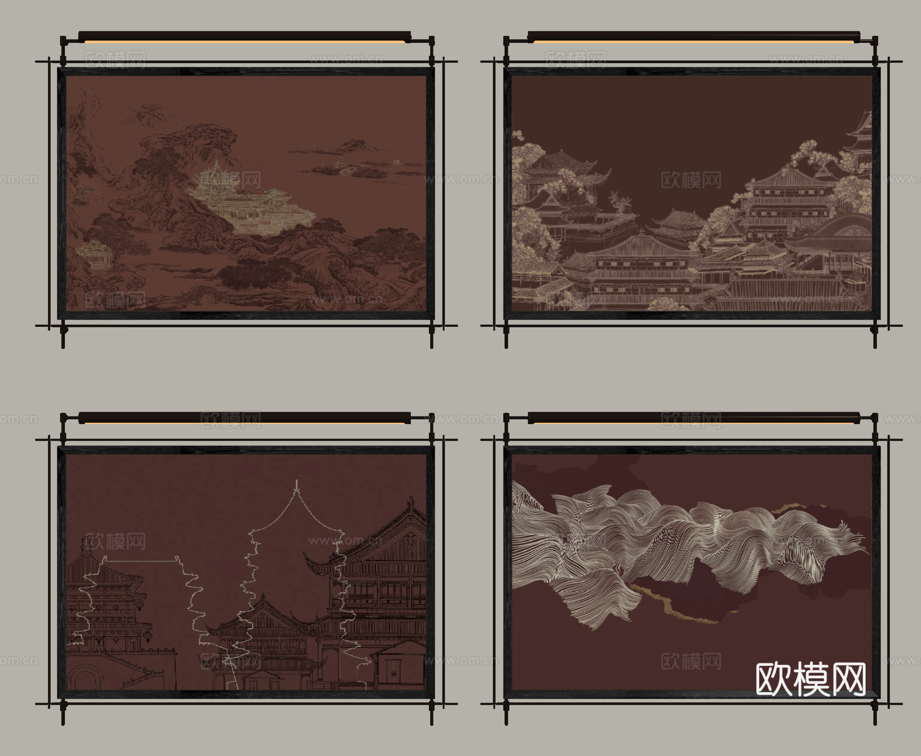 新中式挂画 装饰画 客厅背景墙su模型