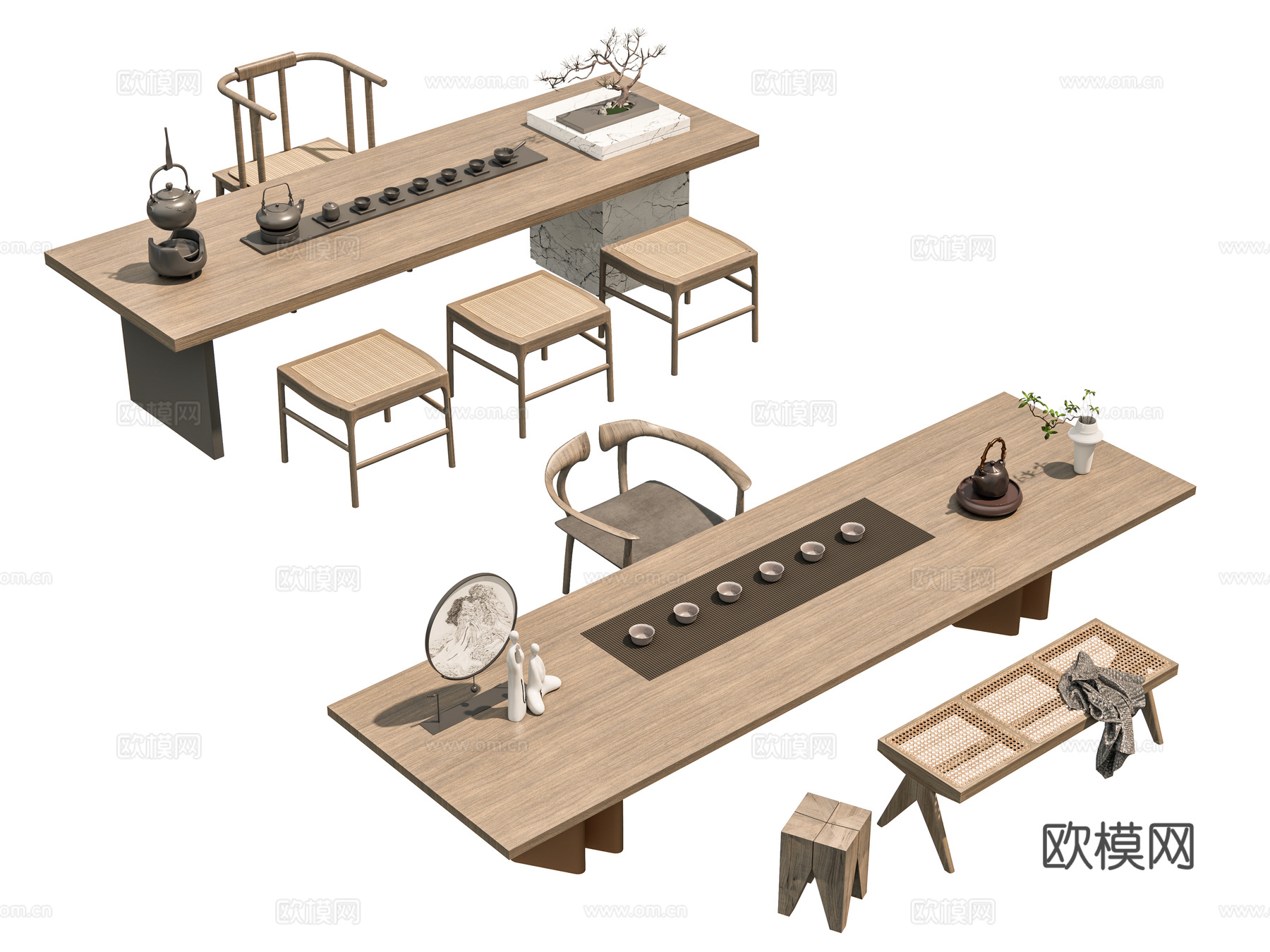 侘寂茶桌椅组合 长茶桌 茶台 茶具3d模型