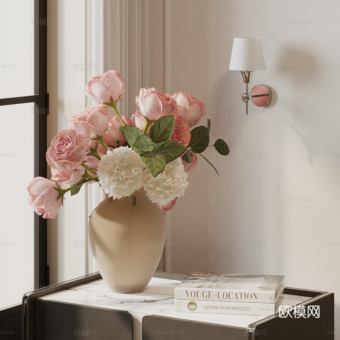 花 陶瓷花瓶 花艺鲜花 月季花 粉色花艺 假花永生花 客厅花3d模型