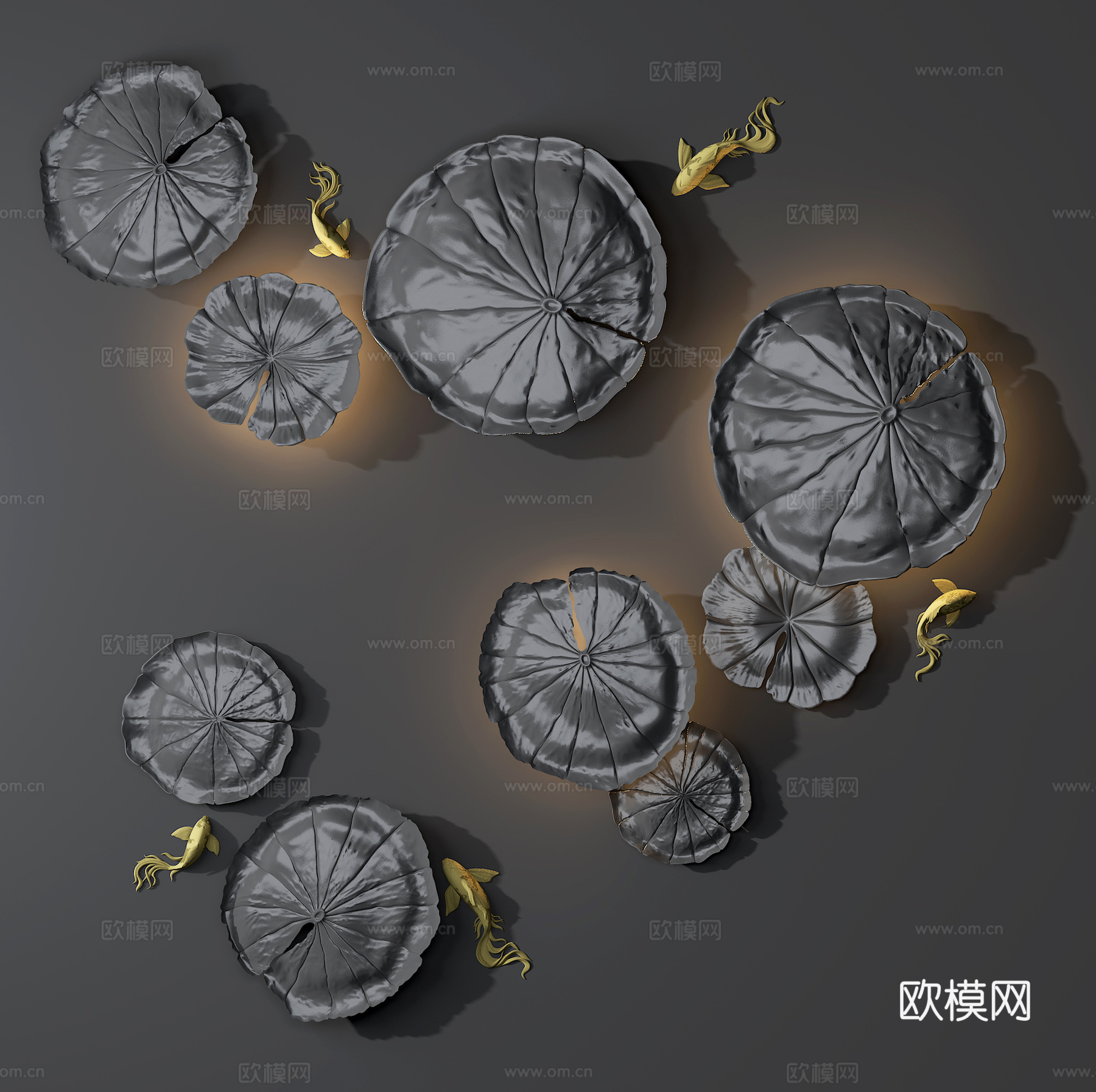 新中式荷叶鲤鱼墙饰挂件su模型下载