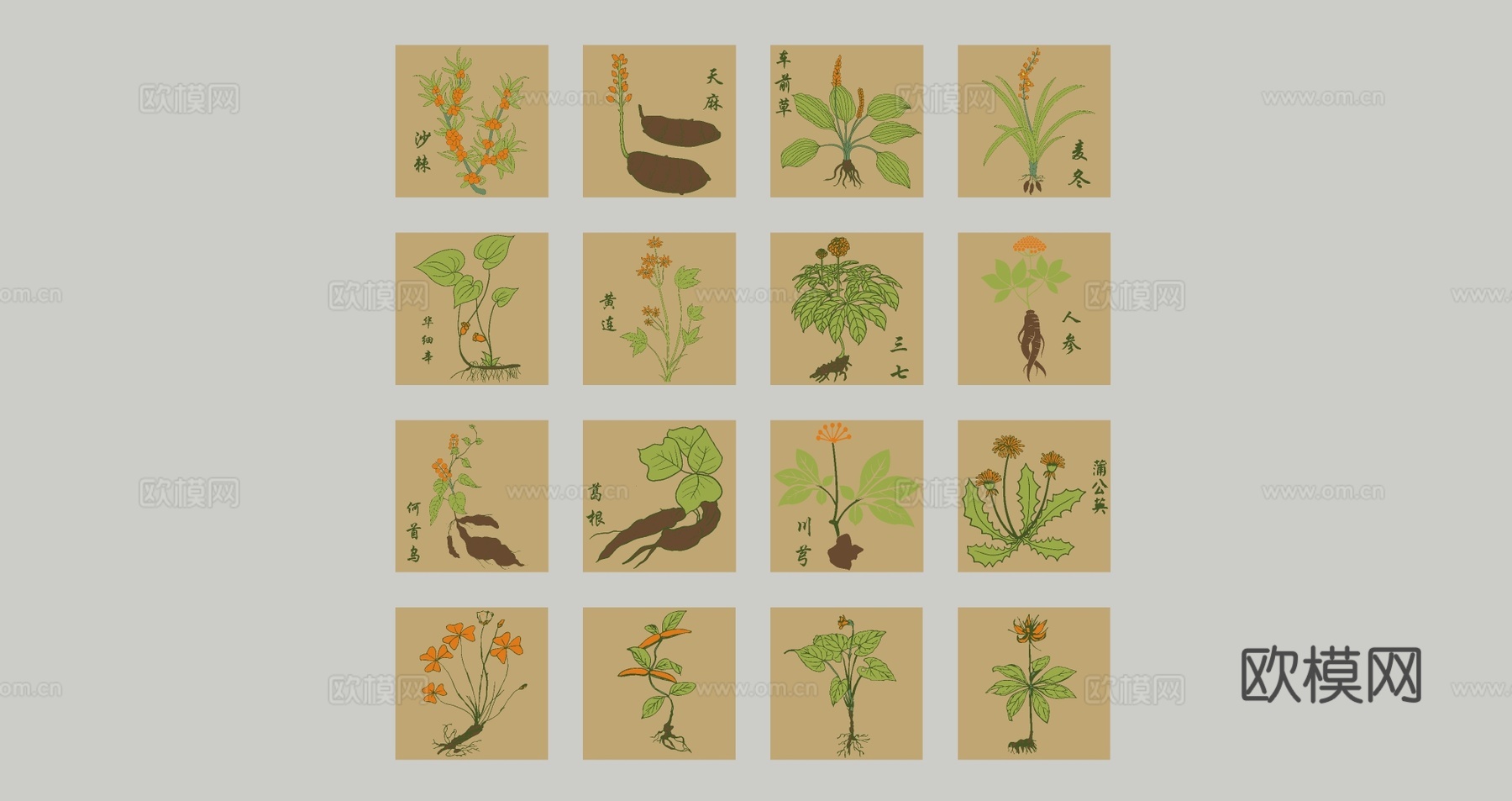 现代中草药剪影 中医药草图案 中药材花草 草本植物剪影 墙饰挂件su模型下载