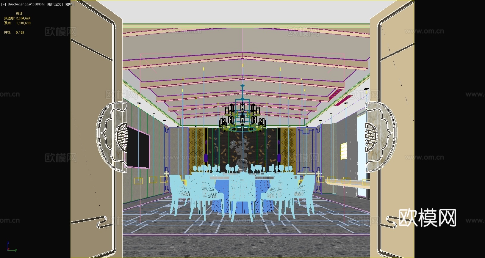 新中式包间新中式餐厅餐桌椅吊灯新中式大门背景墙3d模型