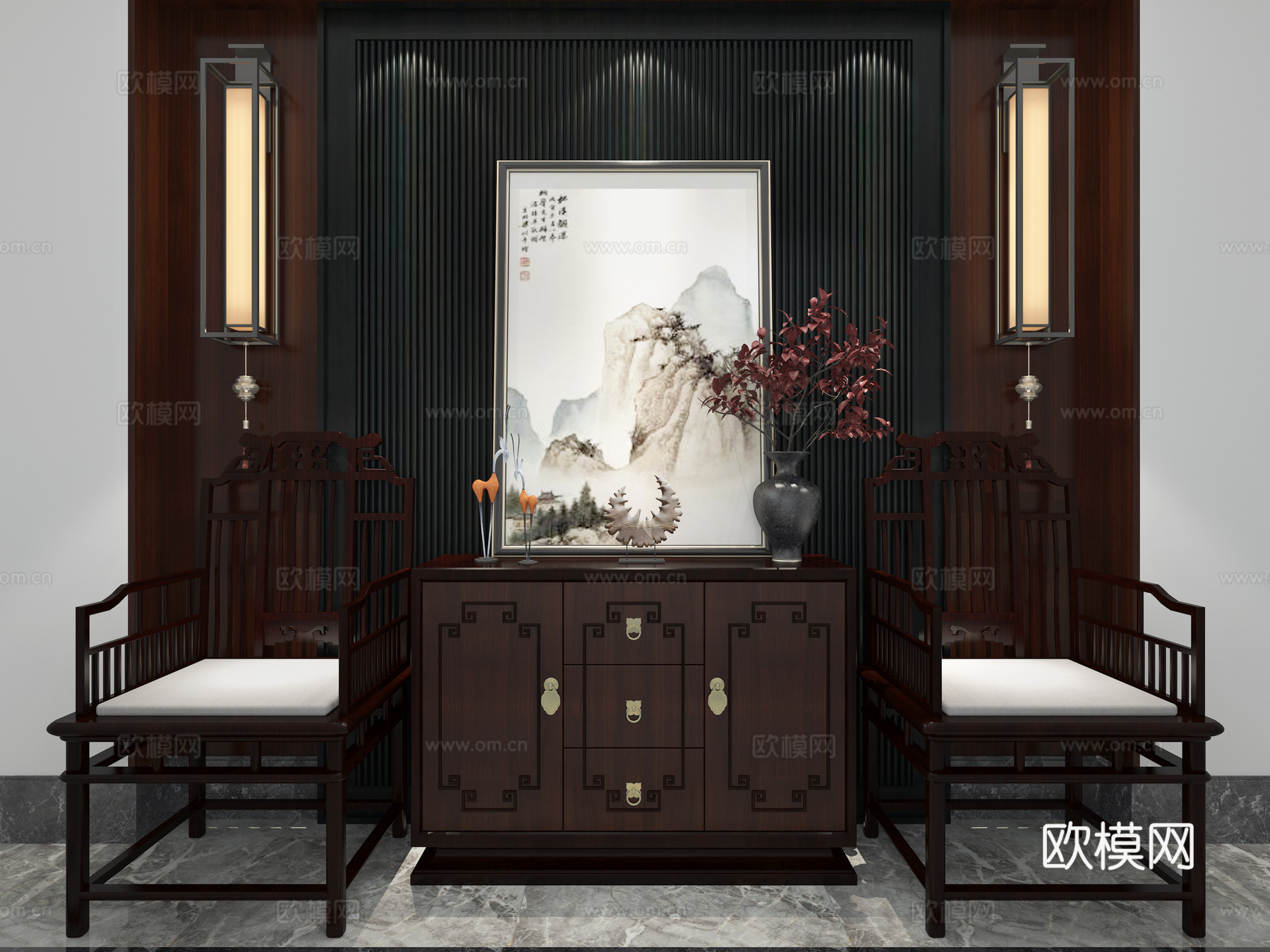 新中式单椅边柜组合3d模型