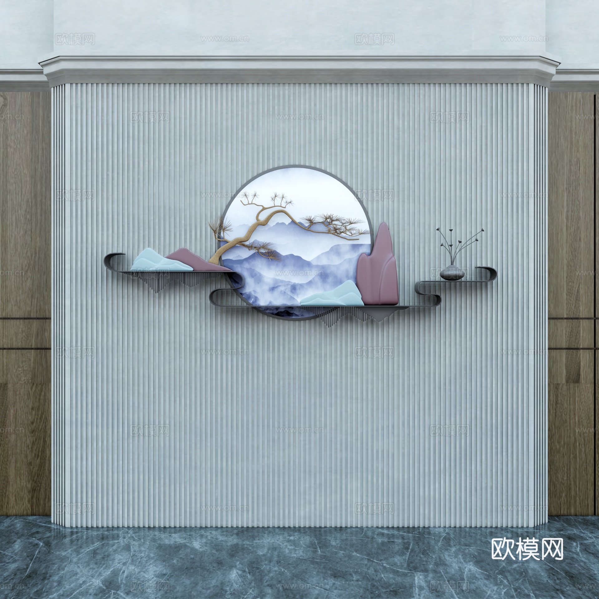 新中式山水墙饰挂件su模型下载