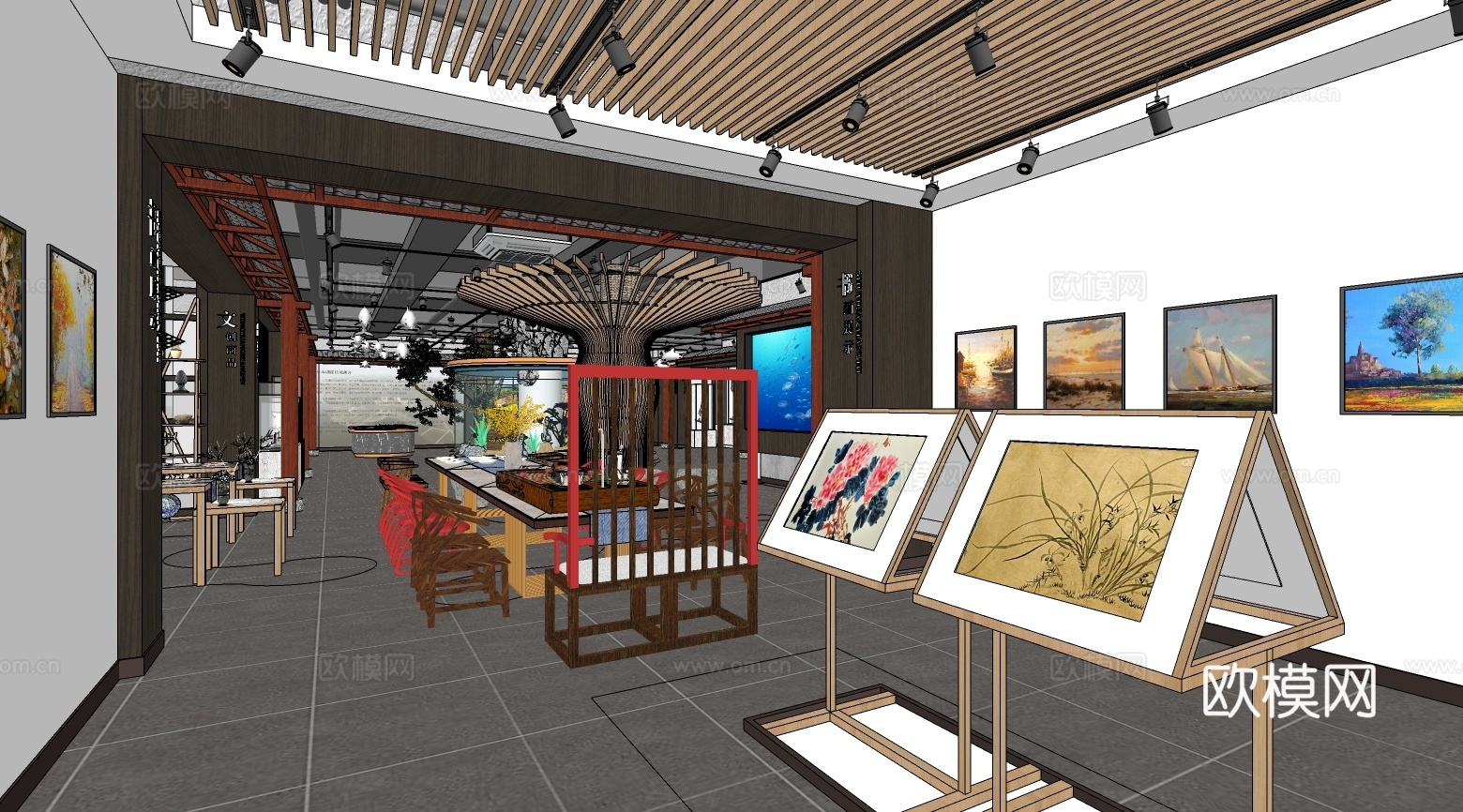 新中式主题餐厅su模型下载