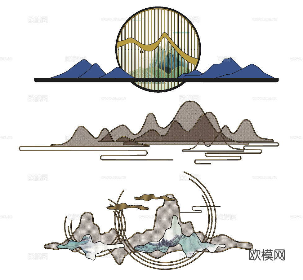 新中式山脉金属墙饰挂件su模型下载
