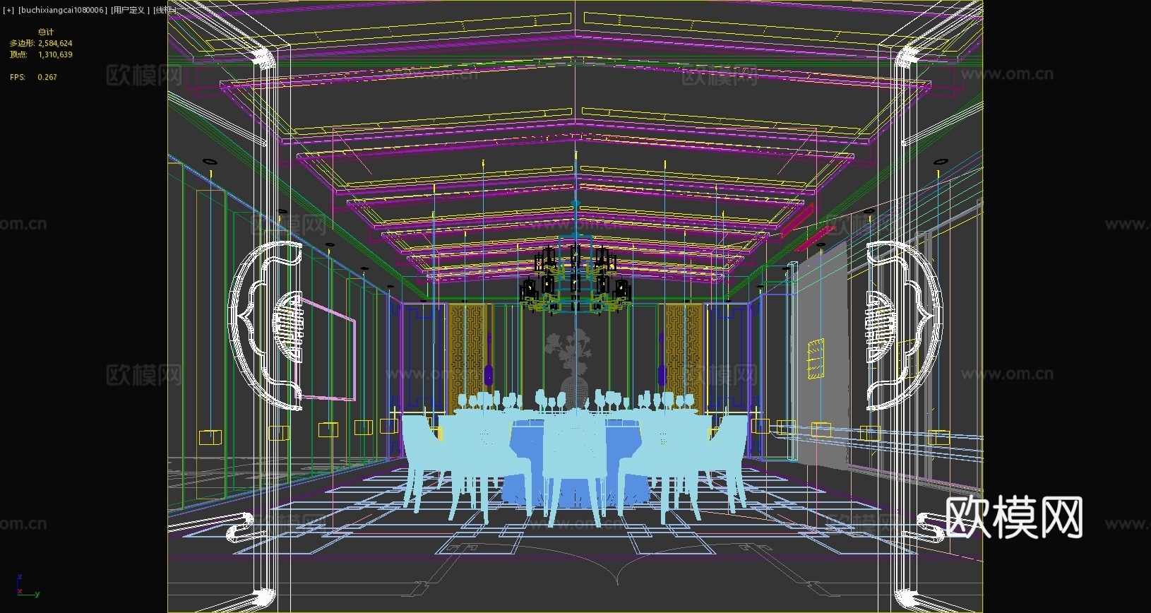 新中式包间新中式餐厅餐桌椅吊灯新中式大门背景墙3d模型
