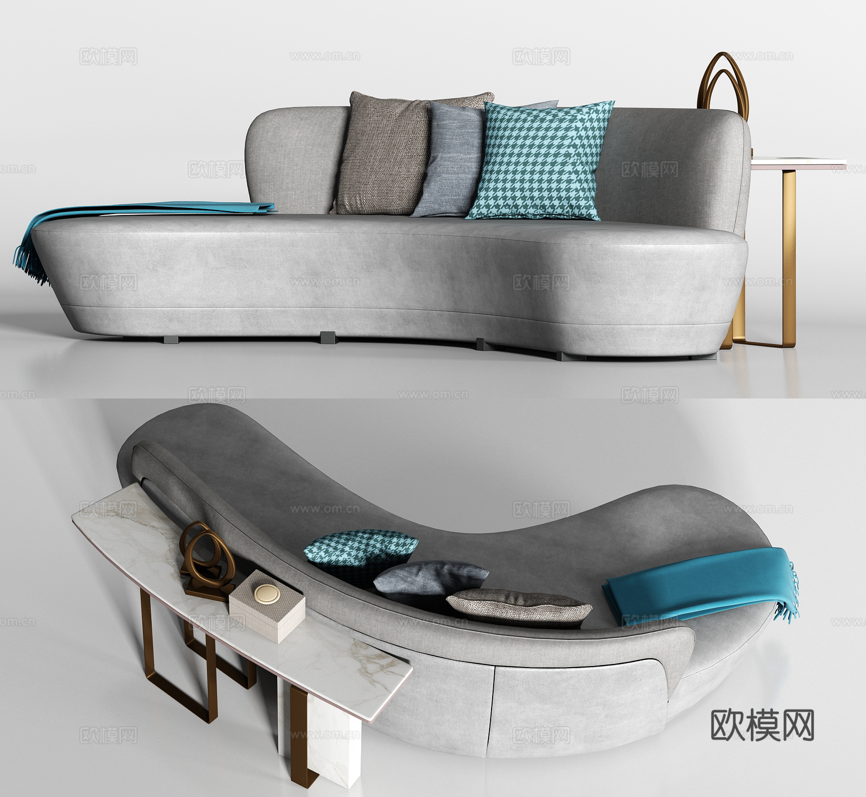 现代弧形灰色皮革多人沙发枕头组合3d模型