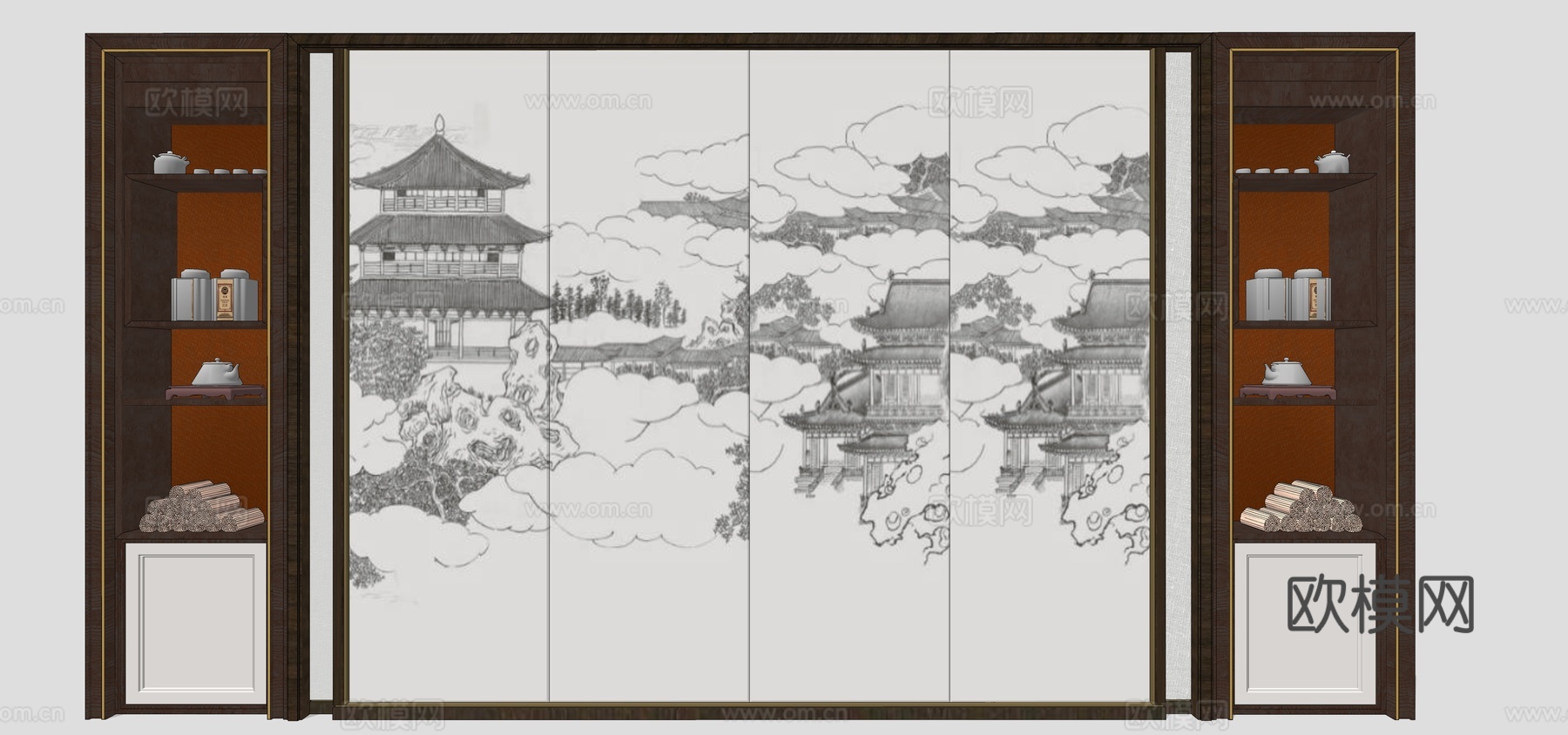 新中式山水背景墙su模型下载