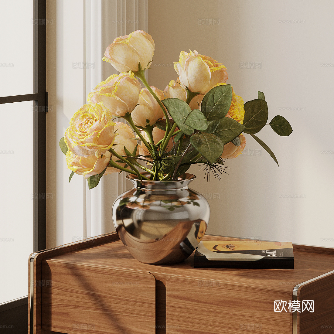 花 不锈钢花瓶 花艺鲜花 黄色玫瑰花 黄色花艺 假花永生花3d模型