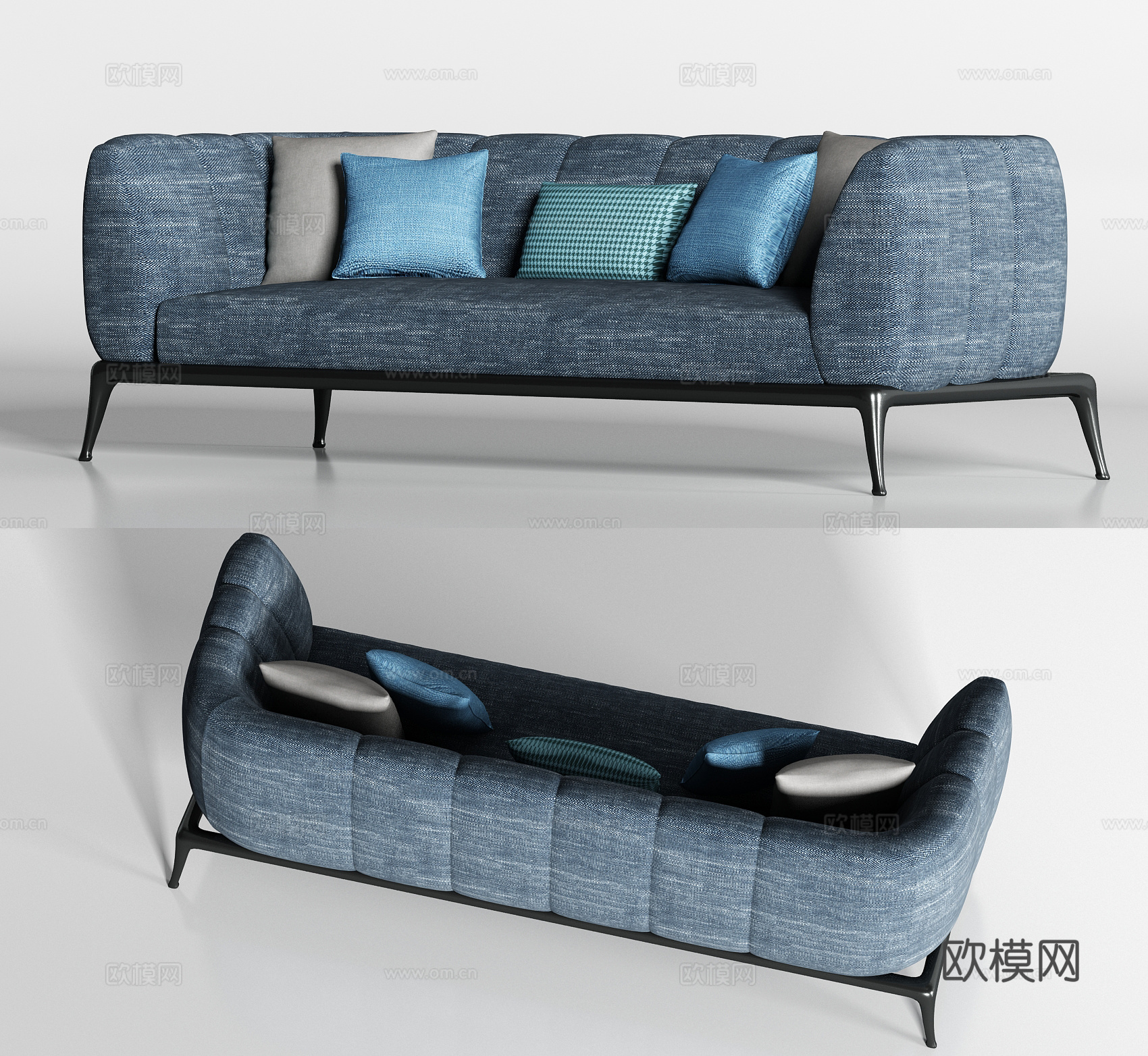 现代金属蓝色布艺多人沙发枕头组合3d模型