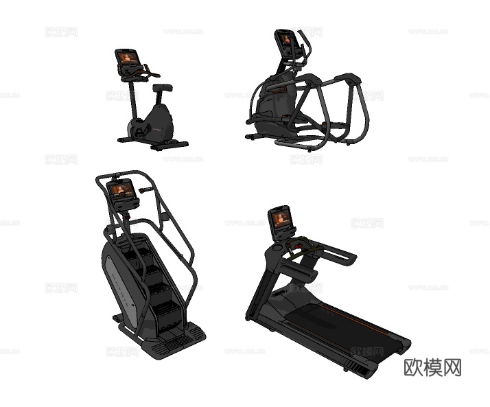 现代跑步机登楼机动感单车健身器材su模型下载