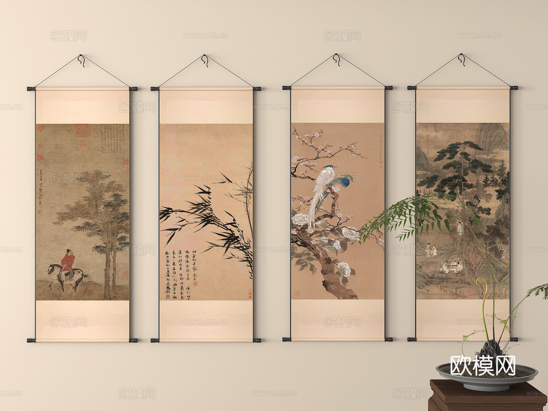 挂画 卷轴画 水墨画 挂画组合 装饰画 字画su模型