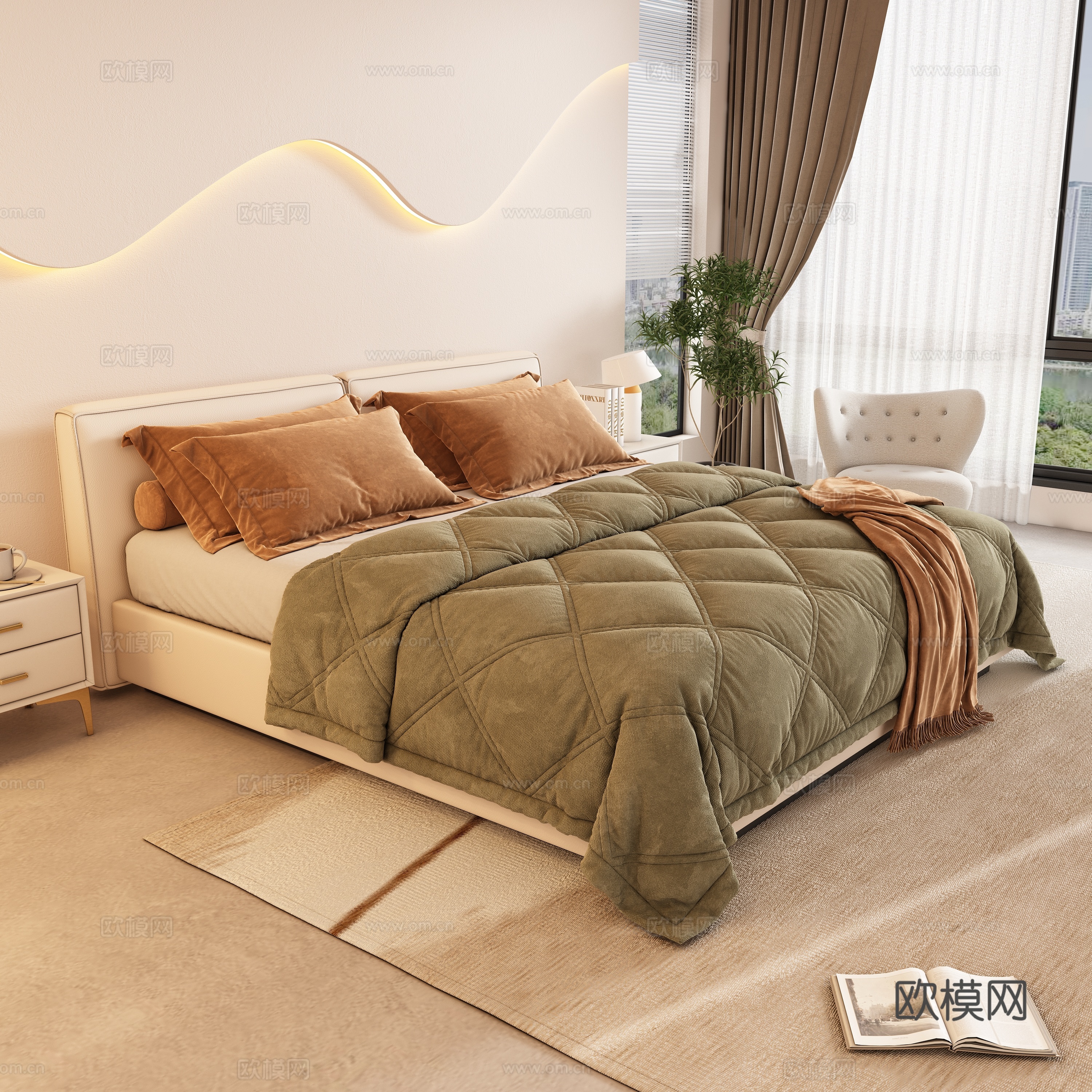 现代双人床su模型下载（渲染图1）