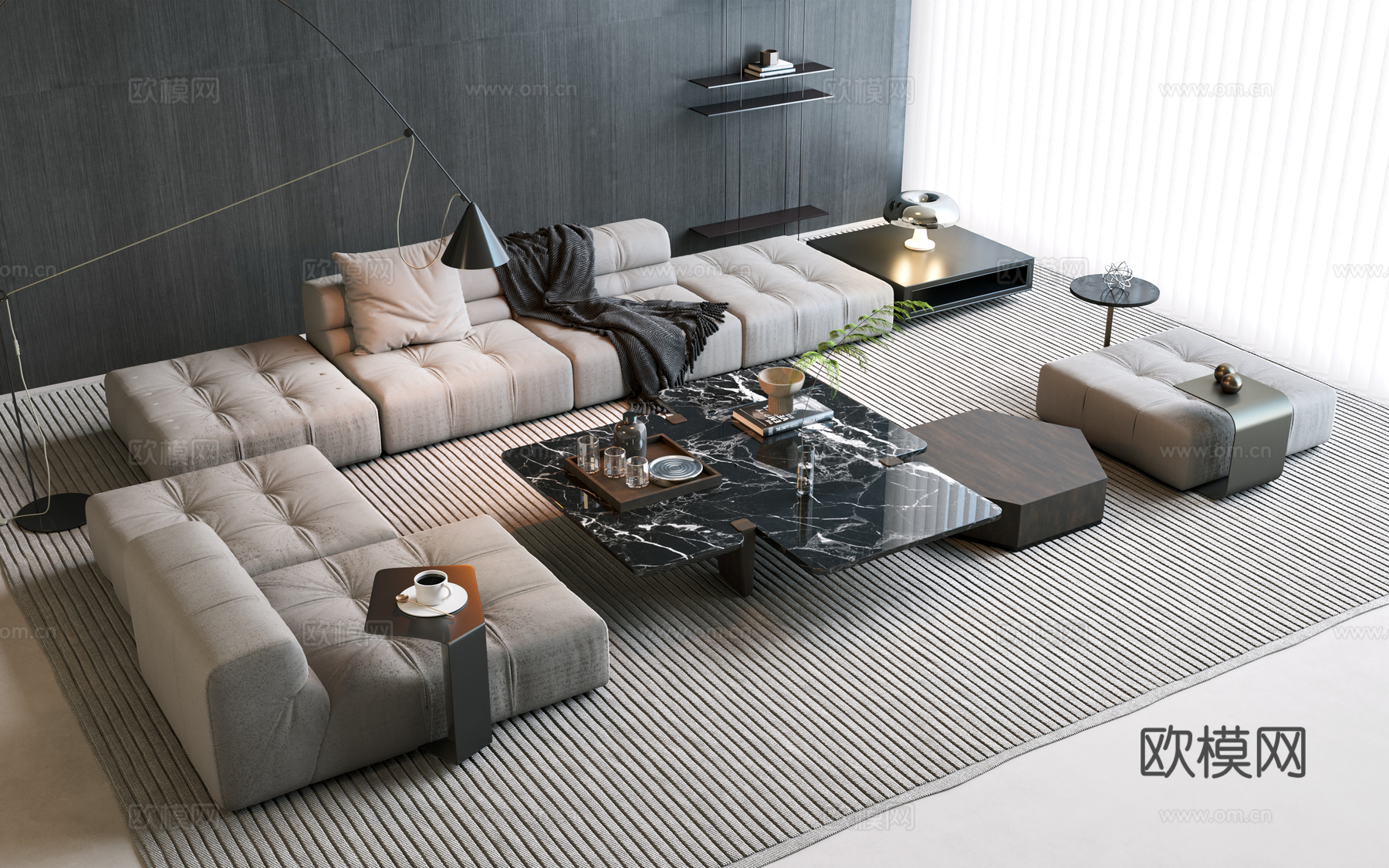 Minotti 客厅沙发 意式沙发茶几组合 米洛提沙发 豆腐3d模型