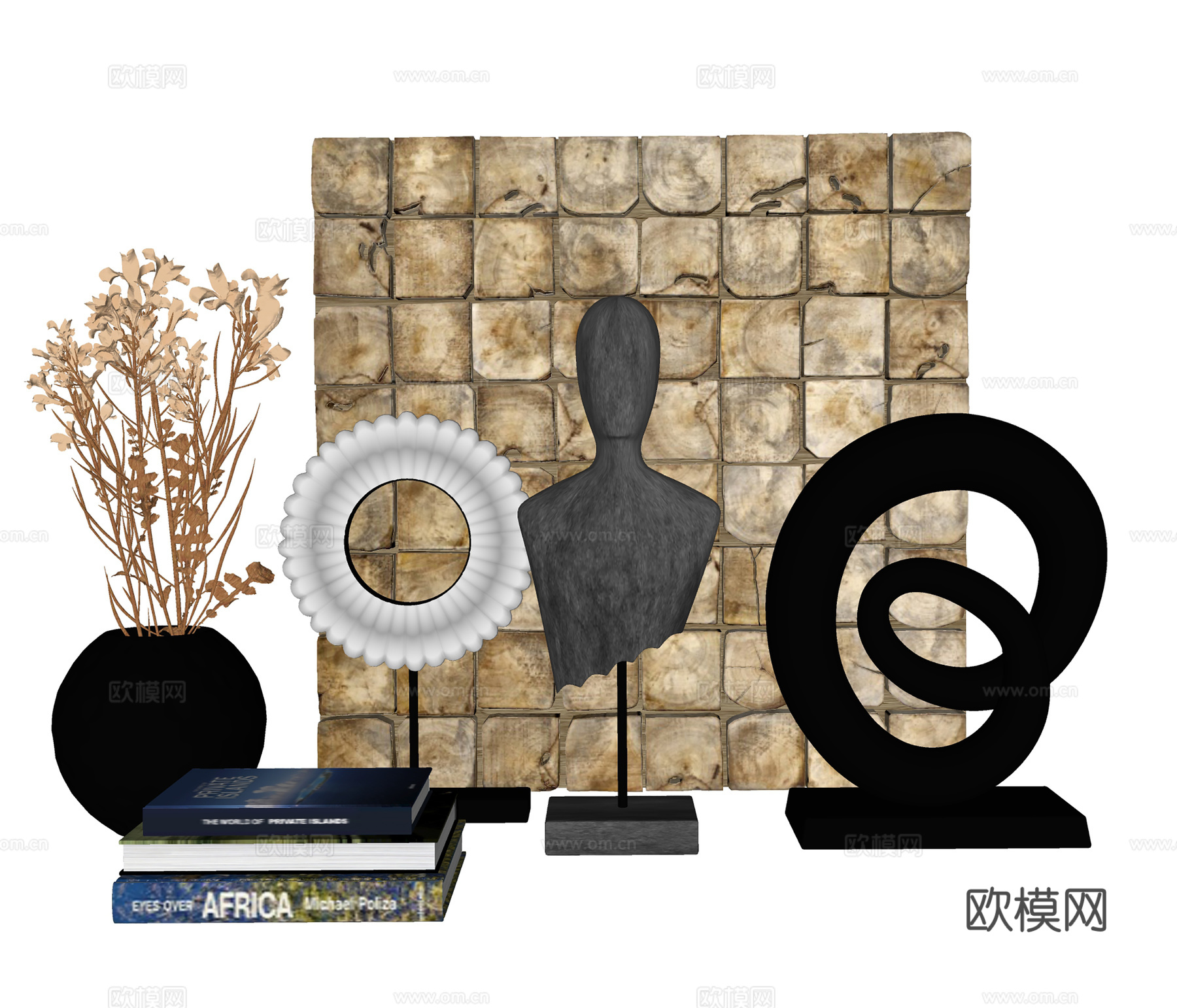 北欧摆件组合  书籍花瓶 木头挂画su模型