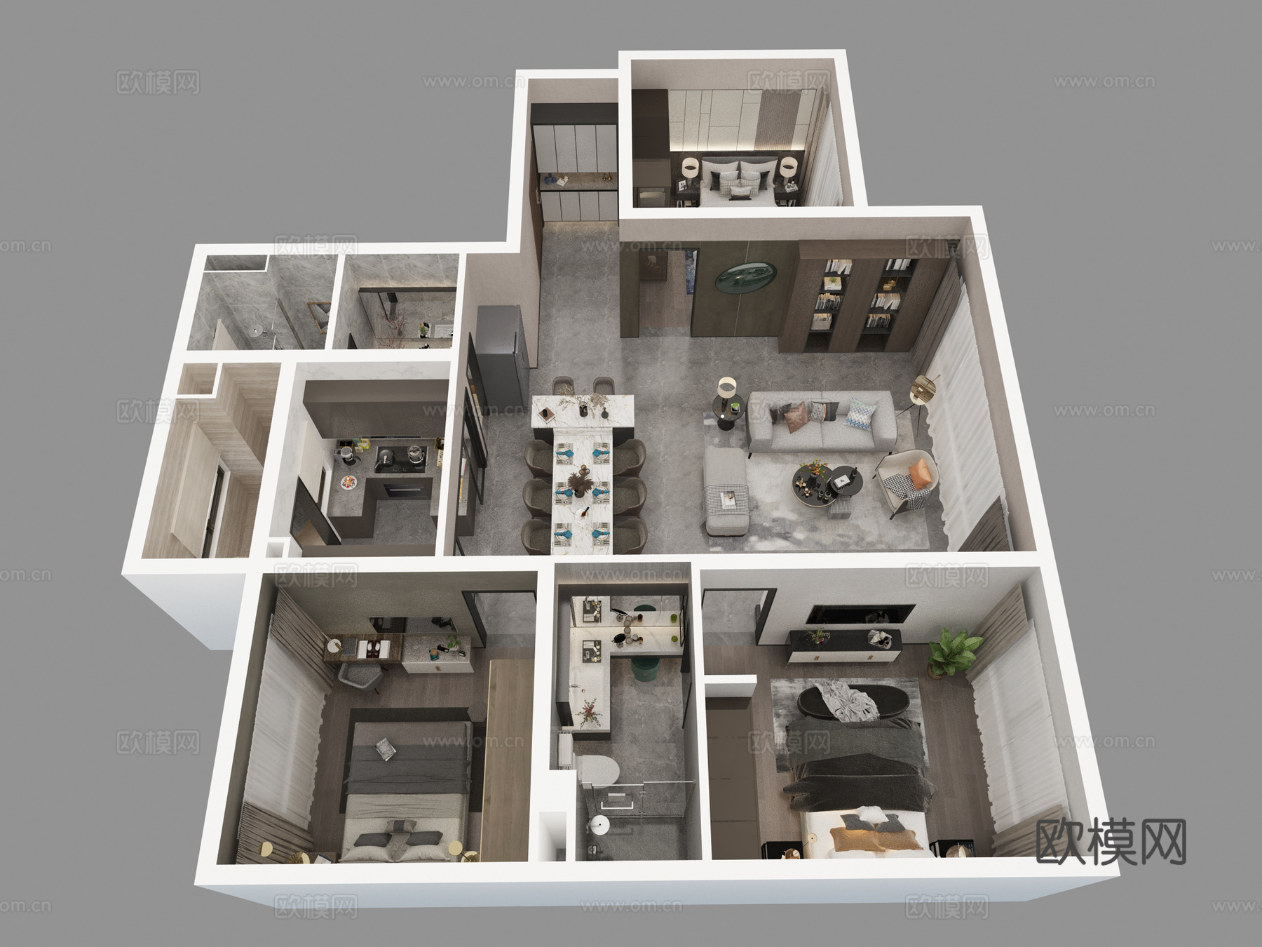 现代家装样板间鸟瞰图3d模型
