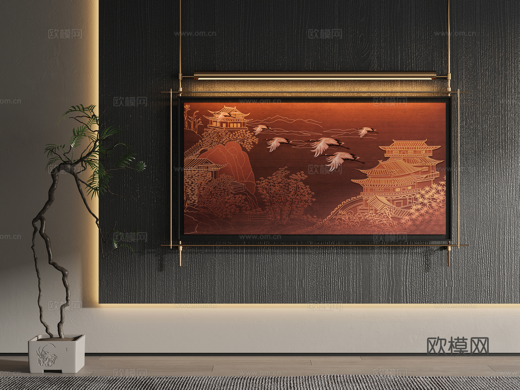 新中式装饰画 仙鹤画 金属框挂画 国画su模型