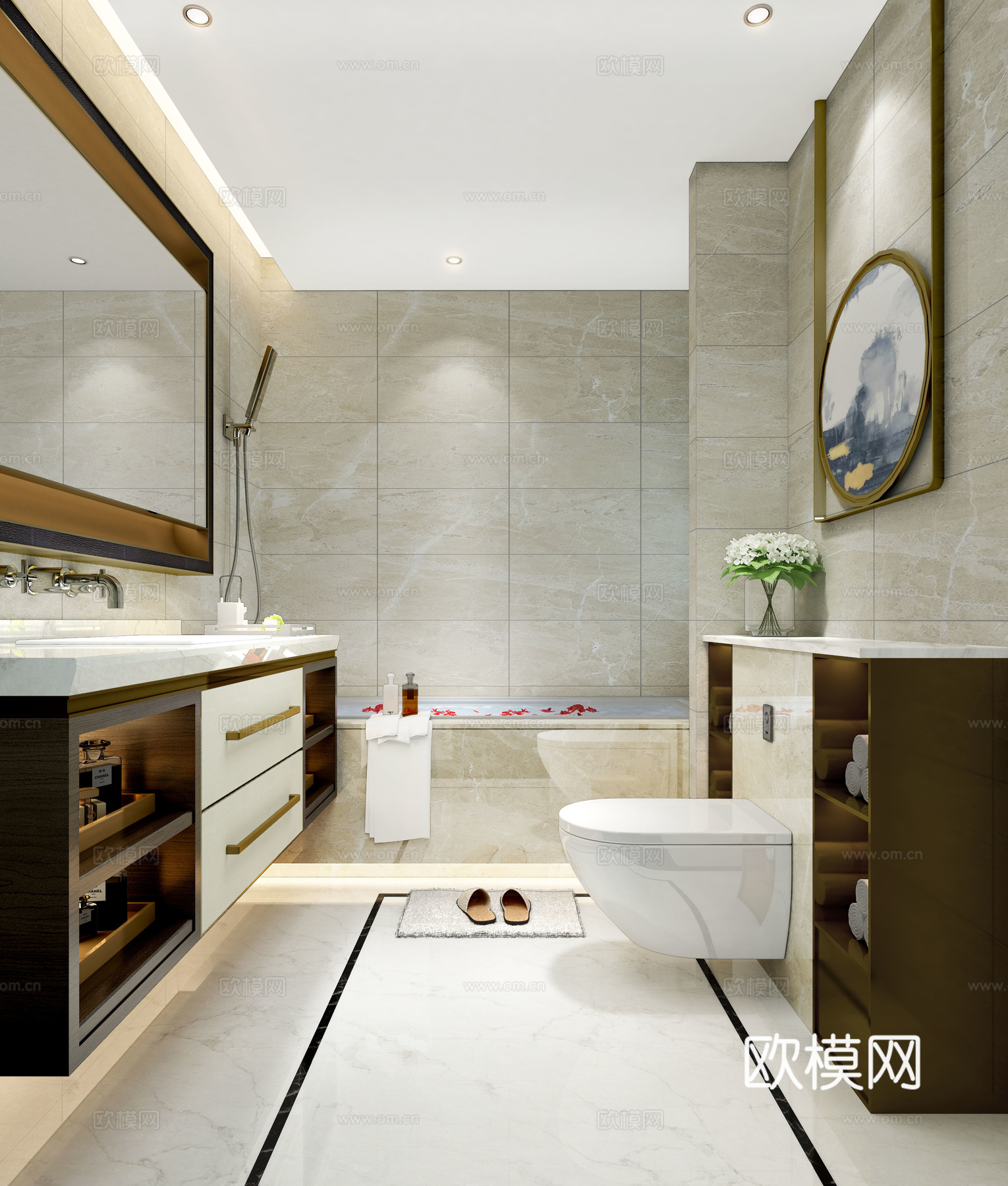 现代卫生间 镜柜 挂墙马桶 浴缸 装饰挂画3d模型