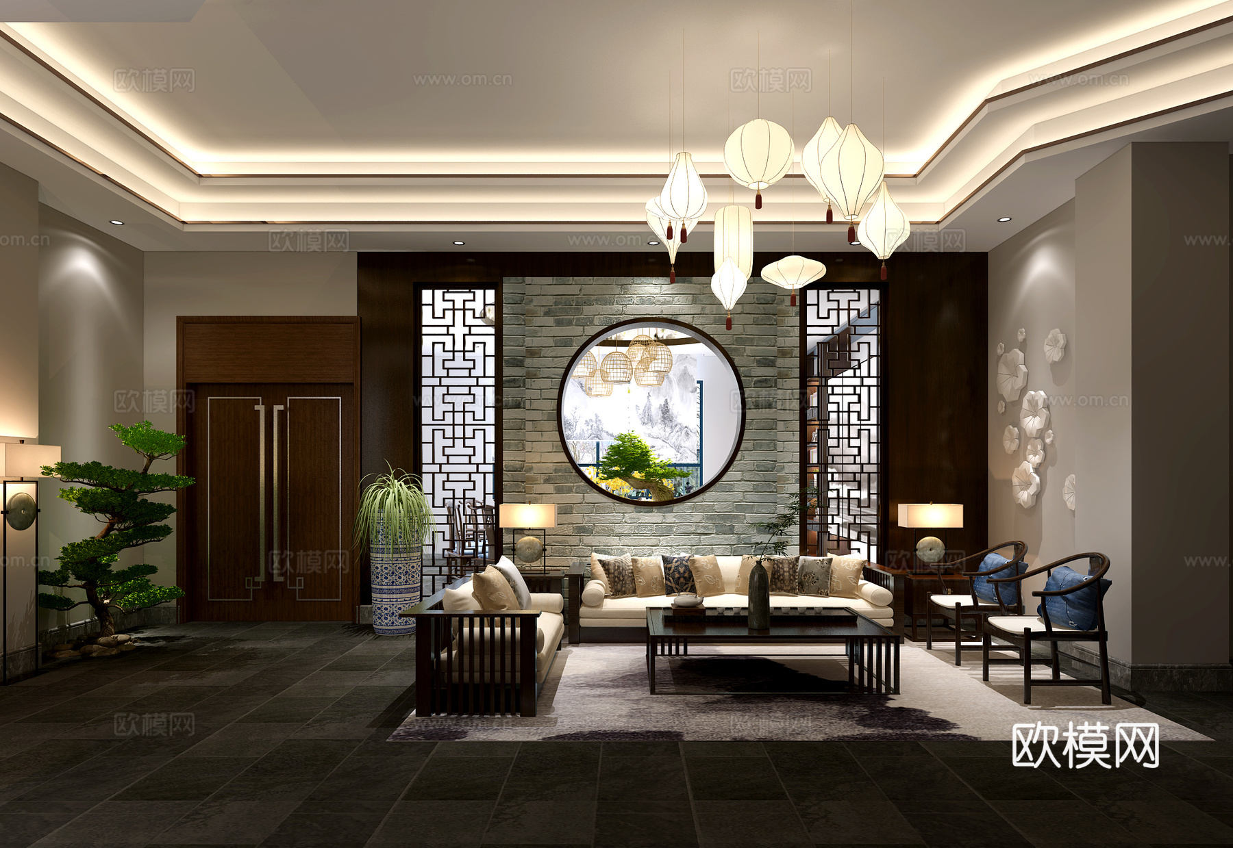新中式休息区 沙发 吊灯 树 盆景 墙饰3d模型下载