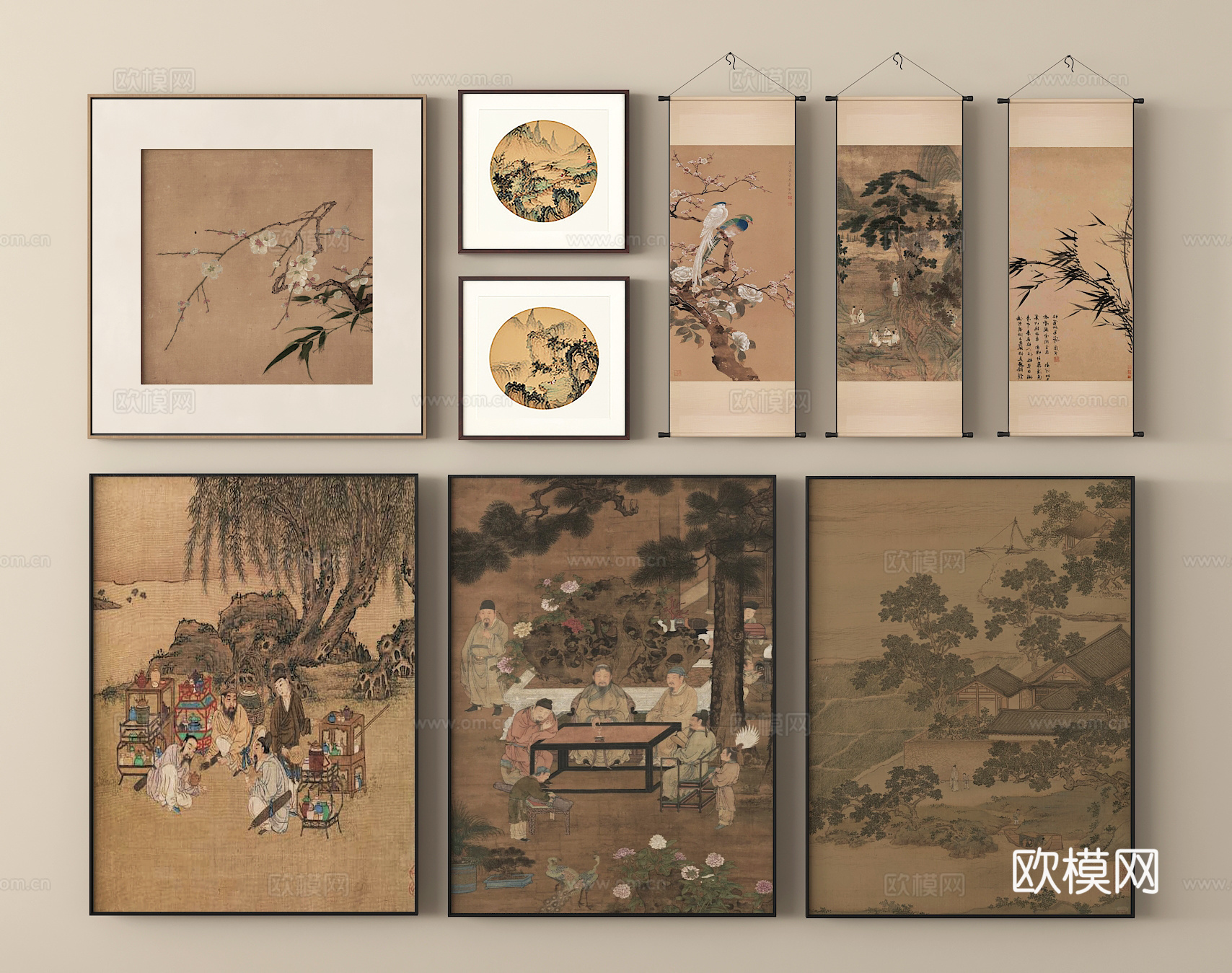 挂画 卷轴画 水墨画 挂画组合 装饰画 字画su模型