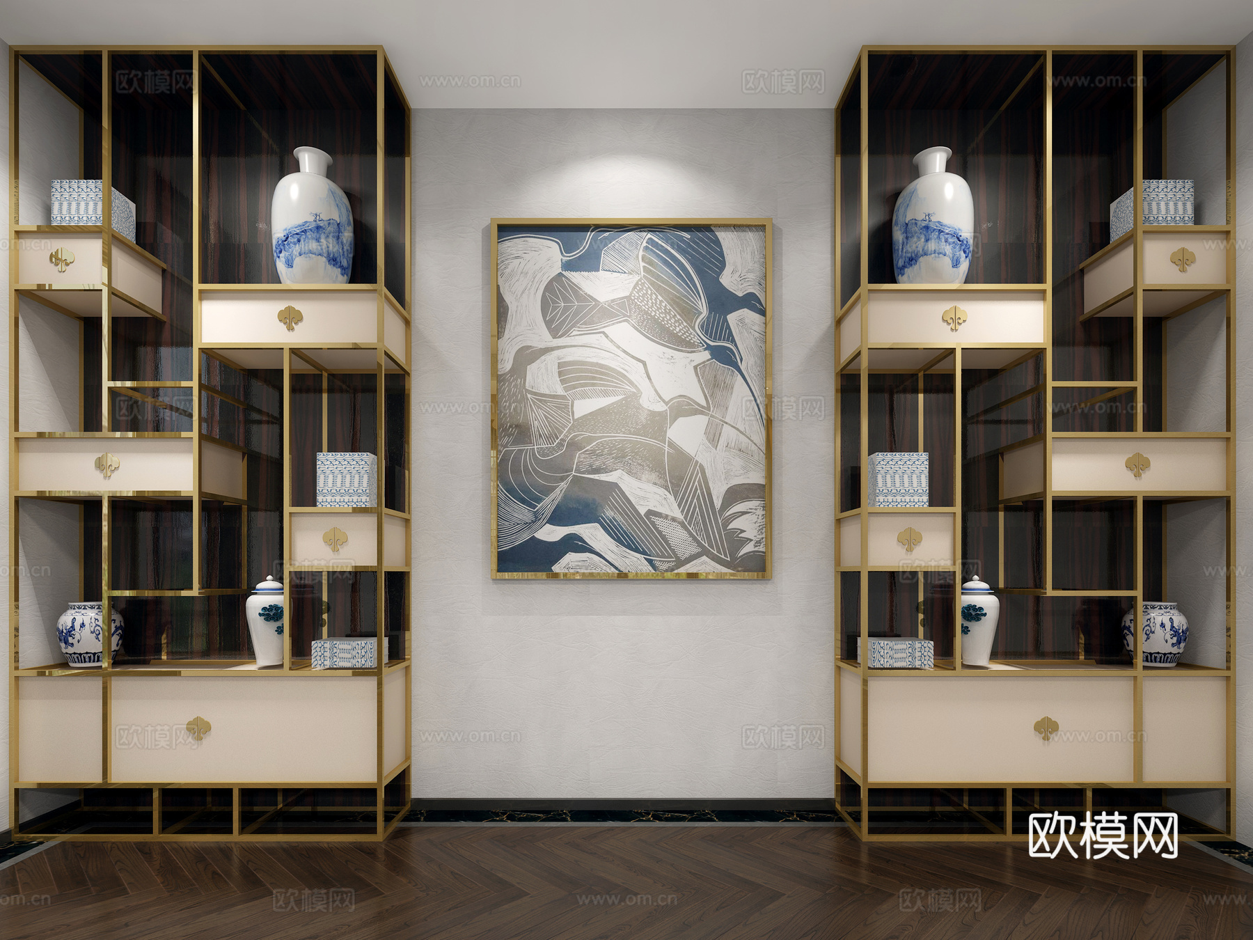 新中式展柜 瓷器 罐子 挂画3d模型