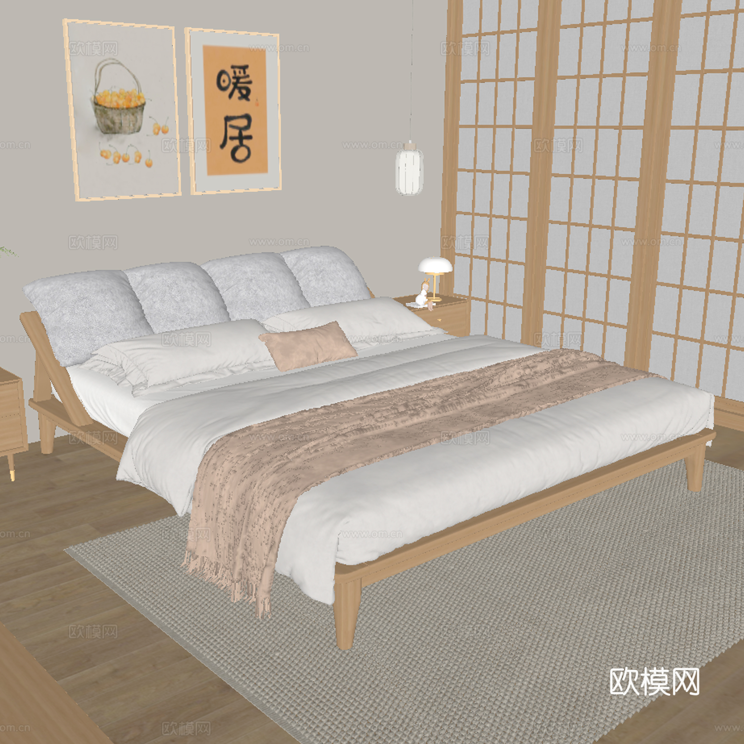 现代双人床su模型