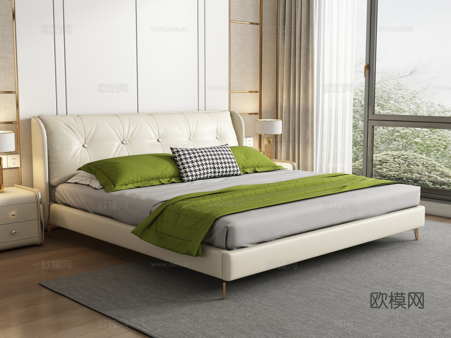 现代双人床免费su模型下载（渲染图1）