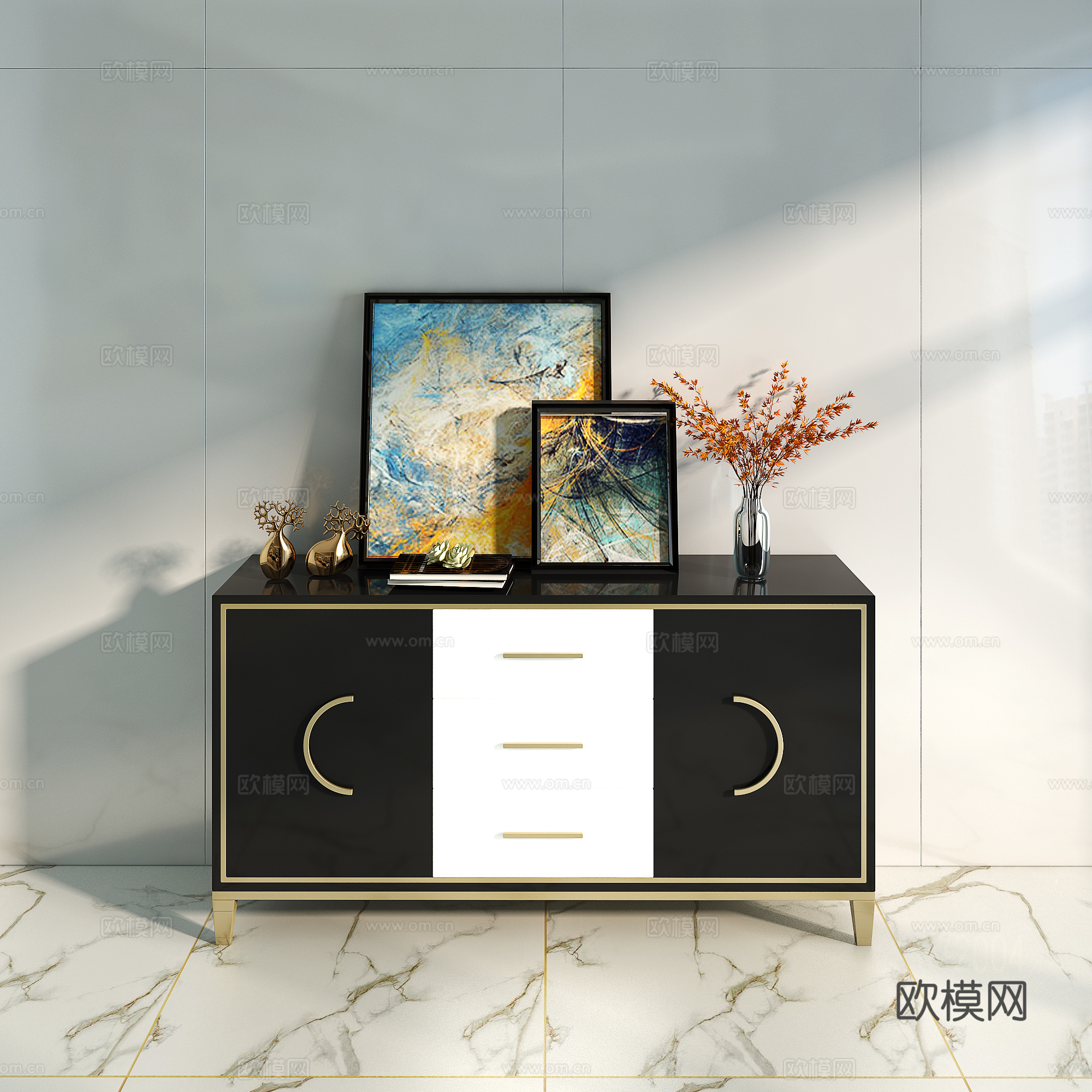 后现代边柜 摆件组合3d模型