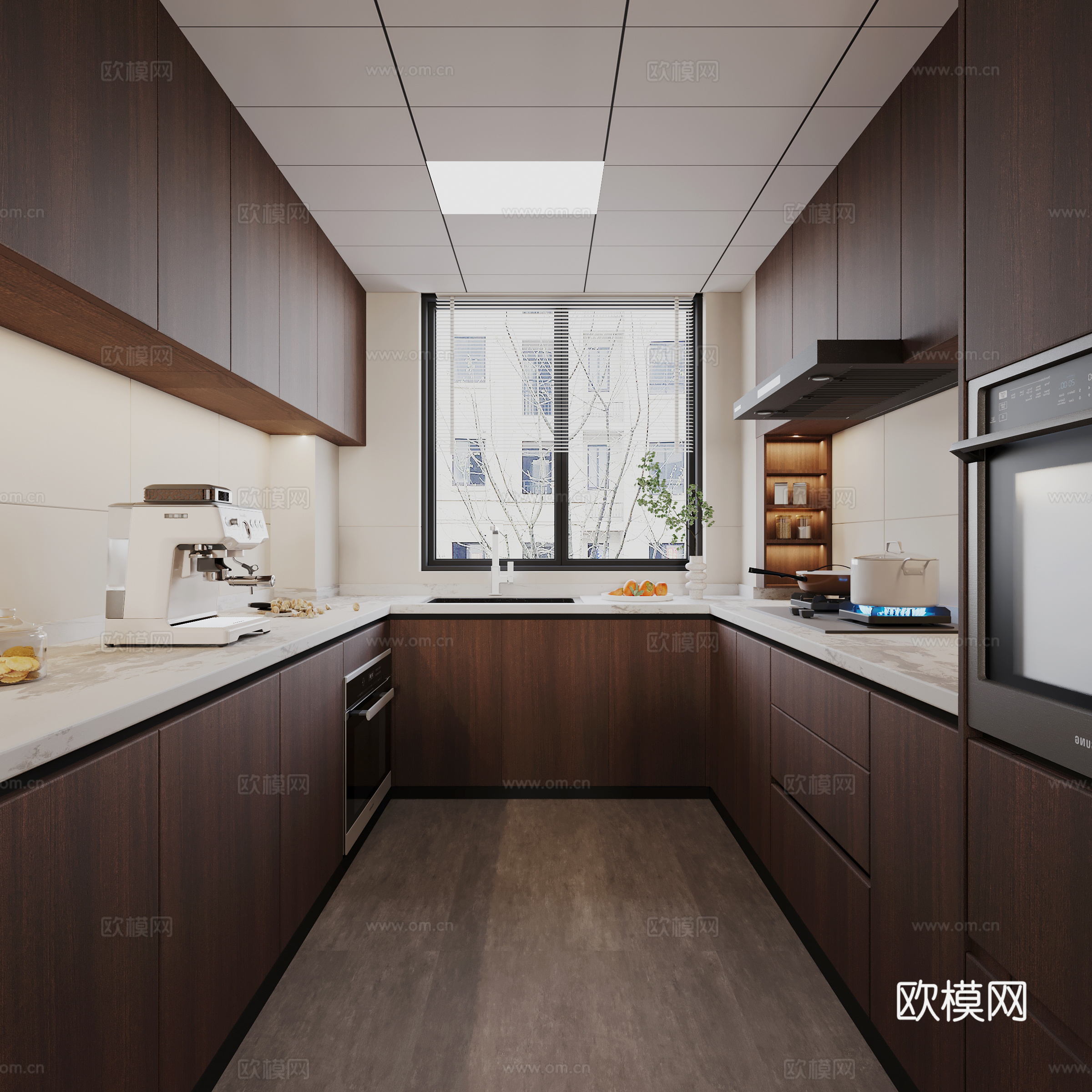 新中式厨房中古风厨房侘寂风厨房百叶帘摆件厨具3d模型
