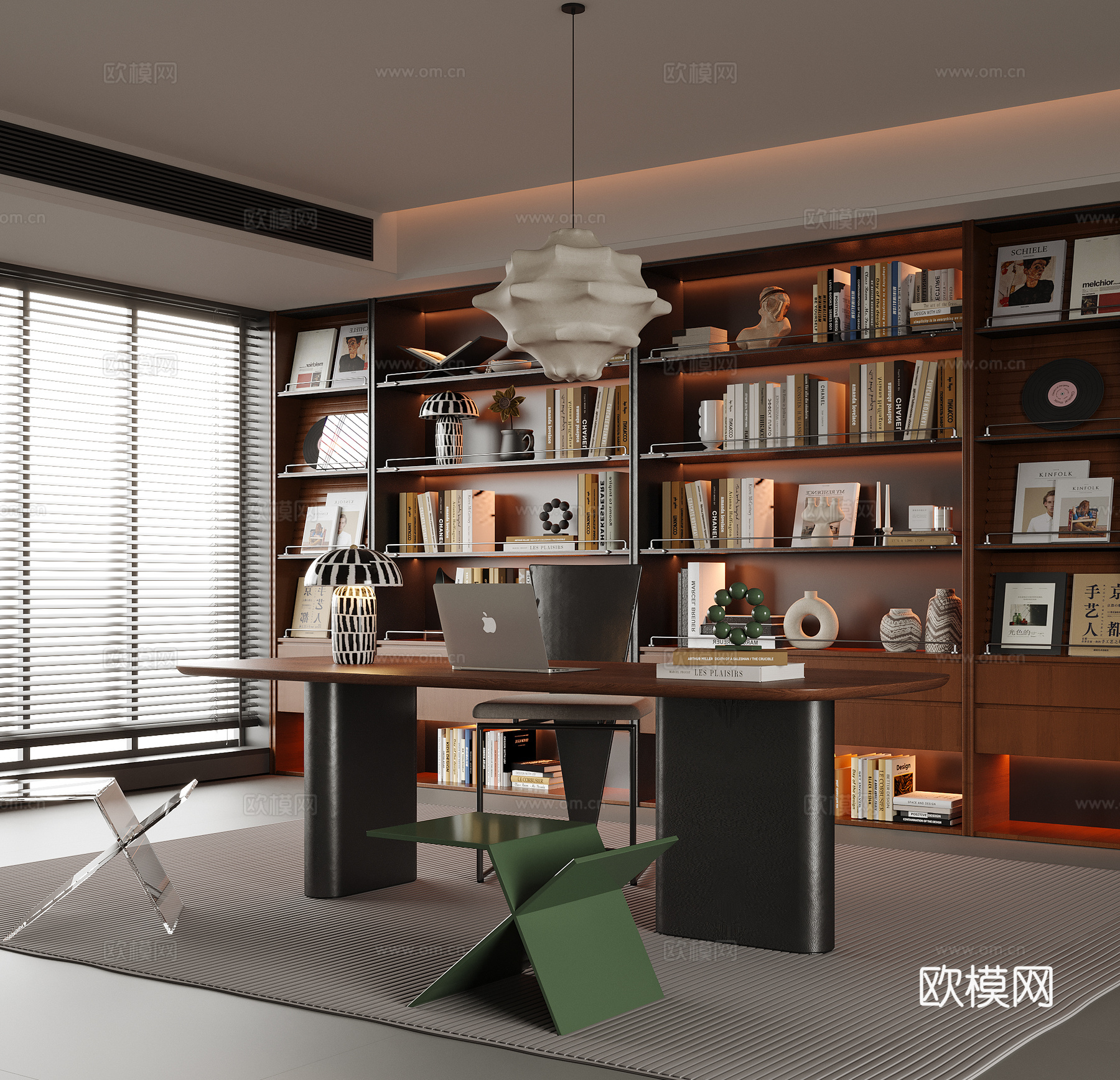 现代书房 书柜 书桌 书籍摆件 凳子3d模型