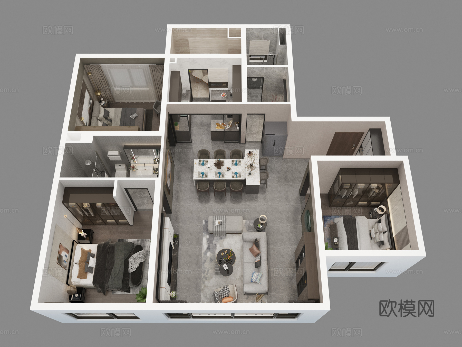 现代家装样板间鸟瞰图3d模型