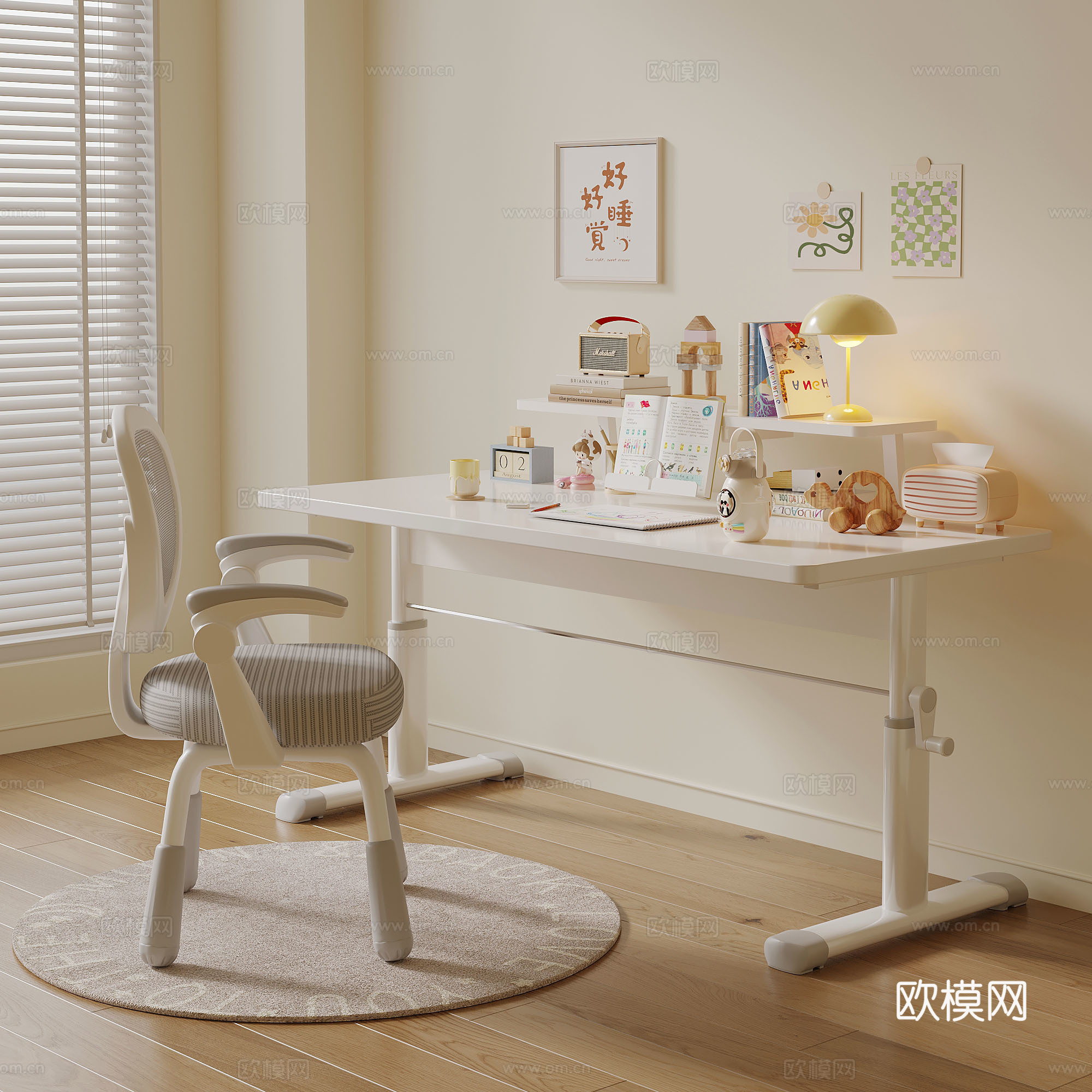 书桌 现代奶油风书桌椅 儿童书桌椅组合3d模型