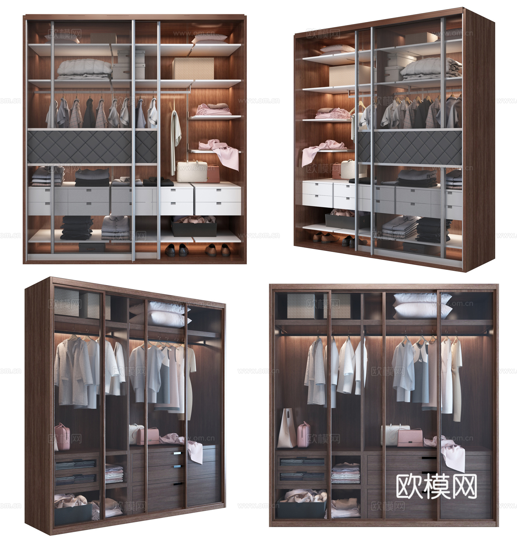 现代衣柜组合 衣柜 衣服 装饰品 服饰 硬包 鞋子3d模型