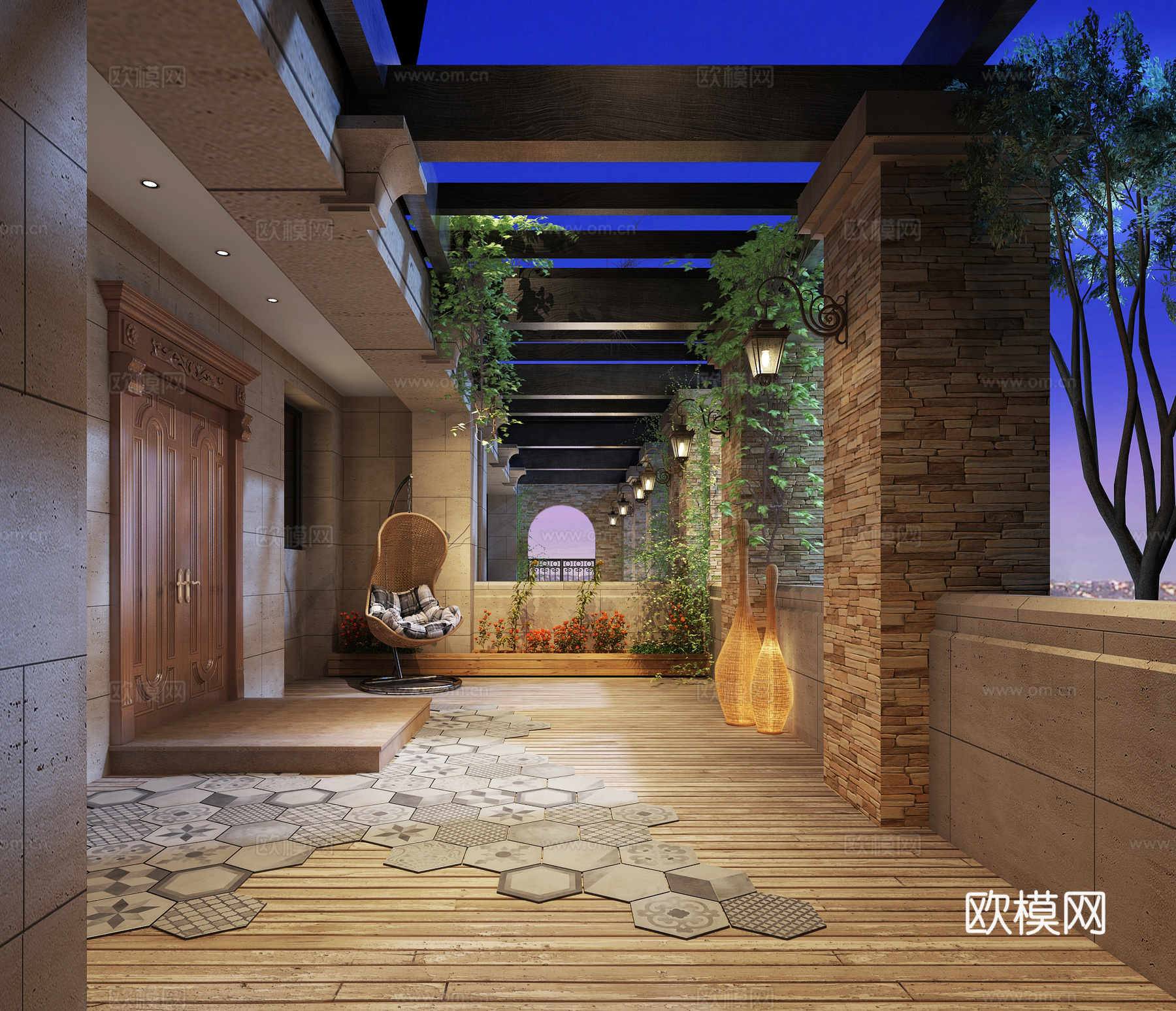 现代入户花园 花砖 壁灯 落地灯3d模型